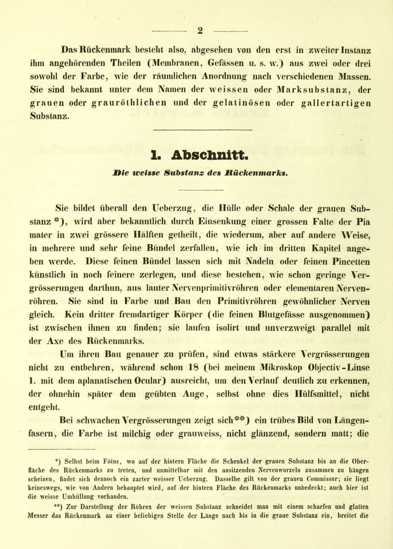 Das Rückenmark bestellt also, abgesehen von den erst in zweiter Instanz ihm angehörenden Theilen (Membranen, Gefässen u. s. w.) aus zwei oder drei sowohl der Farbe, wie der räumlichen Anordnung nach verschiedenen Massen. Sie sind bekannt unter dem Namen der weissen oder Marksubstanz, der grauen oder grauröthlichen und der gelatinösen oder gallertartigen Substanz. 1. Abschnitt. Itic weisse Substanz des üückenmarks. Sie bildet überall den Ueberzug, die Hülle oder Schale der grauen Sub- stanz *), wird aber bekanntlich durch Einsenkung einer grossen Falte der Pia mater in zwei grössere Hälften getheilt, die wiederum, aber auf andere Weise, in mehrere und sehr feine Bündel zerfallen, wie ich im dritten Kapitel ange- ben werde. Diese feinen Bündel lassen sich mit Nadeln oder feinen Pincetten künstlich in noch feinere zerlegen, und diese bestehen, wie schon geringe Yer- grösserungen darthun, aus lauter Nervenprimitivröhren oder elementaren Nerven- röhren. Sie sind in Farbe und Bau den Primitivröhren gewöhnlicher Nerven gleich. Kein dritter fremdartiger Körper (die feinen Blutgefässe ausgenommen) ist zAvischen ihnen zu finden; sie laufen isolirt und unverzweigt parallel mit der Axe des Rückenmarks. Um ihren Bau genauer zu prüfen, sind etwas stärkere Yergrösserungen nicht zu entbehren, während schon 18 (bei meinem Mikroskop Objectiv-Linse 1. mit dem aplanatischen Ocular) ausreicht, um denYerlauf deutlich zu erkennen, der ohnehin später dem geübten Auge, selbst ohne dies Hülfsmittel, nicht entgeht. Bei schwachen Yergrösserungen zeigt sich*“*) ein trübes Bild von Längen- fasern, die Farbe ist milchig oder grauweiss, nicht glänzend, sondern matt; die °) Seihst beim Fötus, wo auf der hintern Fläche die Schenkel der grauen Substanz bis an die Ober- fläche des Rückenmarks zu treten, und unmittelbar mit den ansitzenden Nervenwurzeln zusammen zu hängen scheinen, findet sich dennoch ein zarter weisser Ueberzug. Dasselbe gilt von der grauen Commissur; sie liegt keineswegs, wie von Andern behauptet wird, auf der hintern Fläche des Rückenmarks unbedeckt; auch hier ist die weisse Umhüllung vorhanden. **) Zur Darstellung der Röhren der weissen Substanz schneidet man mit einem scharfen und glatten Messer das Rückenmark an einer beliebigen Stelle der Länge nach bis in die graue Substanz ein, breitet die