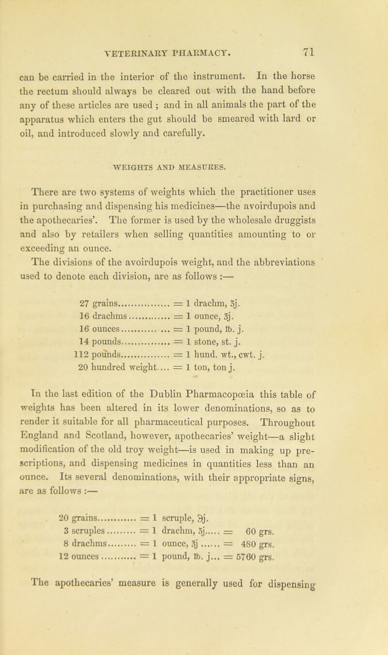 can be earned in the interior of the instrument. In the horse the rectum should always be cleared out with the hand before any of these articles are used ; and in all animals the part of the apparatus which enters the gut should be smeared with lard or oil, and introduced slowly and carefully. WEIGHTS AND MEASURES. There are two systems of weights which the practitioner uses in purchasing and dispensing his medicines—the avoirdupois and the apothecaries’. The former is used by the wholesale druggists and also by retailers when selling quantities amounting to or exceeding an ounce. The divisions of the avoirdupois weight, and the abbreviations used to denote each division, are as follows :— 27 grains = 1 drachm, 5j. 16 drachms = 1 ounce, §j. 16 ounces ... = 1 pound, lb. j. 14 pounds = 1 stone, st. j. 112 pounds = 1 hund. wt., cwt. j. 20 hundred weight.... = 1 ton, ton j. In the last edition of the Dublin Pharmacopoeia this table of weights has been altered in its lower denominations, so as to render it suitable for all pharmaceutical purposes. Throughout England and Scotland, however, apothecaries’ weight—a slight modification of the old troy weight—is used in making up pre- scriptions, and dispensing medicines in quantities less than an ounce. Its several denominations, with their appropriate signs, are as follows :— 20 grains = 1 scruple, 9j. 3 scruples = 1 drachm, 5j = 60 grs. 8 drachms = 1 ounce, 3j = 4S0 grs. 12 ounces = 1 pound, lb. j... = 5760 grs. The apothecaries’ measure is generally used for dispensing