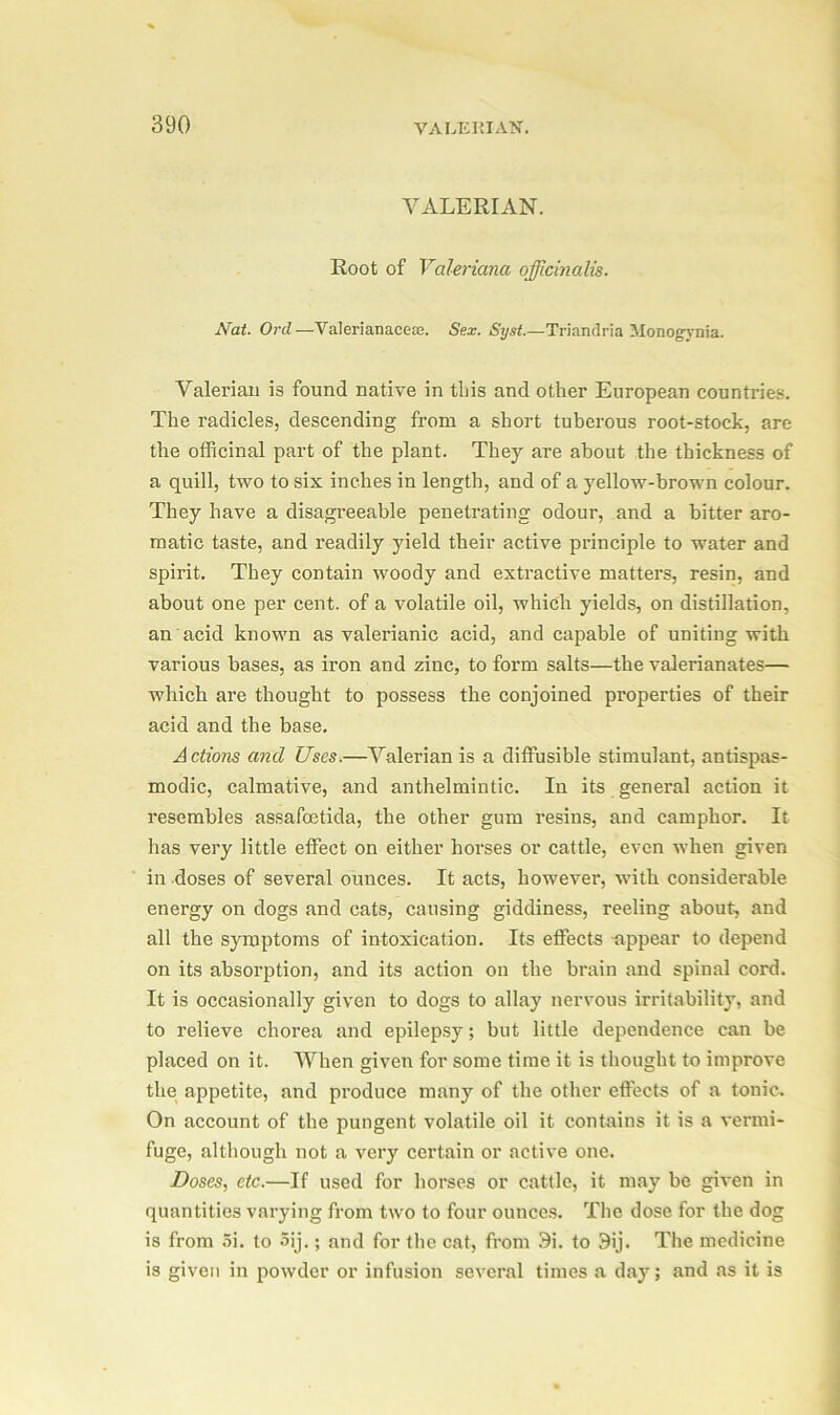 VALERIAN. Root of Valeriana officinalis. Nat. Orel—Valerianacese. Sex. Syst.—Triandria Monogvnia. Valerian is found native in this and other European countries. The radicles, descending from a short tuberous root-stock, are the officinal part of the plant. They are about the thickness of a quill, two to six inches in length, and of a yellow-brown colour. They have a disagreeable penetrating odour, and a bitter aro- matic taste, and readily yield their active principle to water and spirit. They contain woody and extractive matters, resin, and about one per cent, of a volatile oil, which yields, on distillation, an acid known as valerianic acid, and capable of uniting with various bases, as iron and zinc, to form salts—the valerianates— which are thought to possess the conjoined properties of their acid and the base. Actions and Uses.—Valerian is a diffusible stimulant, antispas- modic, calmative, and anthelmintic. In its general action it resembles assafoetida, the other gum resins, and camphor. It has very little effect on either horses or cattle, even when given in doses of several ounces. It acts, however, with considerable energy on dogs and cats, causing giddiness, reeling about, and all the symptoms of intoxication. Its effects -appear to depend on its absorption, and its action on the brain and spinal cord. It is occasionally given to dogs to allay nervous irritability, and to relieve chorea and epilepsy; but little dependence can be placed on it. When given for some time it is thought to improve the appetite, and produce many of the other etfects of a tonic. On account of the pungent volatile oil it contains it is a vermi- fuge, although not a very certain or active one. Doses, etc.—If used for horses or cattle, it may be given in quantities varying from two to four ounces. The dose for the dog is from 5i. to 5ij.; and for the cat, from 9i. to 9ij. The medicine is given in powder or infusion several times a day; and as it is