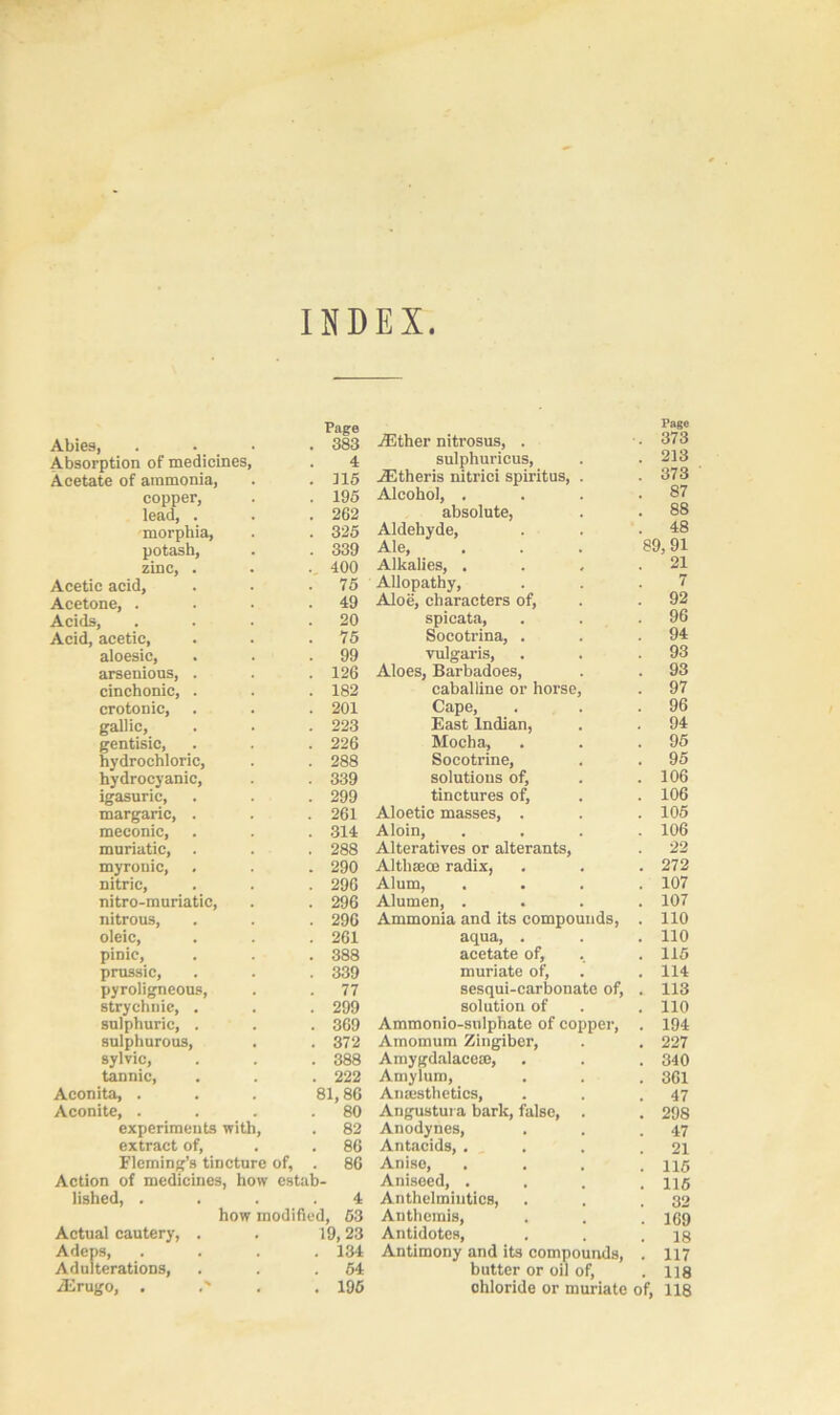 INDEX Abies, Page . 383 Absorption of medicines, 4 Acetate of ammonia, . 315 copper, . 195 lead, . . 262 morphia, . 325 potash, . 339 zinc, . 400 Acetic acid, . 75 Acetone, . . 49 Acids, . 20 Acid, acetic. . 75 aloesic, . 99 arsenious, . . 126 cinchonic, . . 182 croton ic, . 201 gallic, . 223 gentisic, . 226 hydrochloric, . 288 hydrocyanic, . 339 igasuric, . 299 margaric, . . 261 meconic, . 314 muriatic, . . 288 myronic. . 290 nitric, . 296 nitro-muriatic, . 296 nitrous, . 296 oleic, . 261 pinie, . 388 prussic, . 339 pyroligneous, . 77 strychnie, . . 299 sulphuric, . . 369 sulphurous, . 372 sylvic. . 388 tannic, . 222 Aconita, . 81,86 Aconite, . . 80 experiments with, . 82 extract of, . . 86 Fleming’s tincture of. . 86 Action of medicines, how estab- lished, . 4 how modified, 53 Actual cautery, . . 19, 23 Adeps, . 134 Adulterations, . 54 iErugo, . . . 195 Aether nitrosus, . Page . 373 sulphuricus, . 213 iEtheris nitrici spiritus, . . 373 Alcohol, . . 87 absolute, . 88 Aldehyde, . 48 Ale, 89,91 Alkalies, . . , . 21 Allopathy, . 7 Aloe, characters of, . 92 spicata, . 96 Socotrina, . . 94 vulgaris, . 93 Aloes, Barbadoes, . 93 caballine or horse. . 97 Cape, . 96 East Indian, . 94 Mocha, . 95 Socotrine, . 95 solutions of. . 106 tinctures of, . 106 Aloetic masses, . . 105 Aloin, . 106 Alteratives or alterants, . 22 Althsece radix, . 272 Alum, . 107 Alumen, . . 107 Ammonia and its compounds, . 110 aqua, . . 110 acetate of, . 115 muriate of, . 114 sesqui-carbonate of, . 113 solution of . 110 Ammonio-sulphate of copper, . 194 Amomum Zingiber, . 227 Amygdalace®, . 340 Amylum, . 361 Anesthetics, . 47 Angustura bark, false, . . 298 Anodynes, . 47 Antacids, . . 21 Anise, . 115 Aniseed, . Anthelmiutics, . 115 . 32 Anthemis, Antidotes, . 169 18 Antimony and its compounds, . 117 butter or oil of, . 118 chloride or muriate of, 118