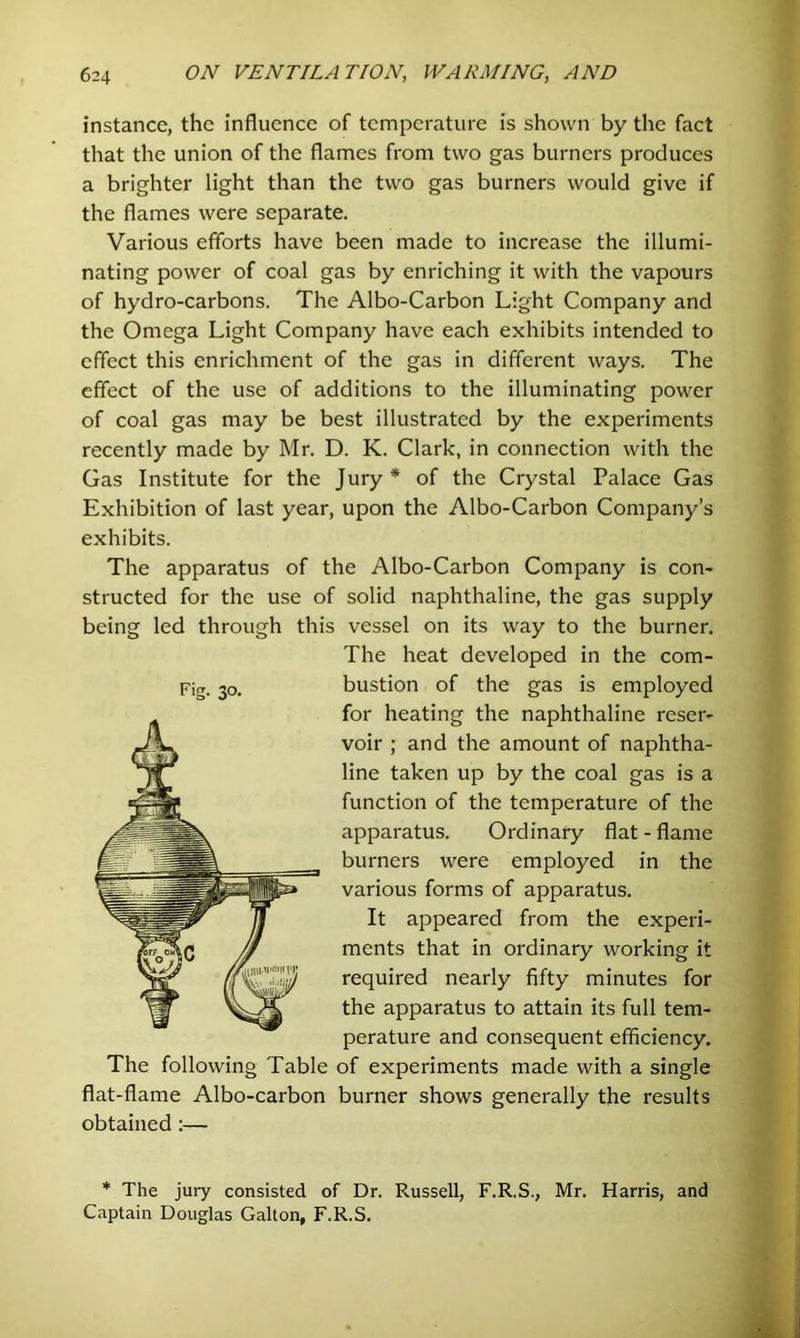 instance, the influence of temperature is shown by the fact that the union of the flames from two gas burners produces a brighter light than the two gas burners would give if the flames were separate. Various efforts have been made to increase the illumi- nating power of coal gas by enriching it with the vapours of hydro-carbons. The Albo-Carbon Light Company and the Omega Light Company have each exhibits intended to effect this enrichment of the gas in different ways. The effect of the use of additions to the illuminating power of coal gas may be best illustrated by the experiments recently made by Mr. D. K. Clark, in connection with the Gas Institute for the Jury * of the Crystal Palace Gas Exhibition of last year, upon the Albo-Carbon Company’s exhibits. The apparatus of the Albo-Carbon Company is con- structed for the use of solid naphthaline, the gas supply being led through this vessel on its way to the burner. The heat developed in the com- bustion of the gas is employed for heating the naphthaline reser- voir ; and the amount of naphtha- line taken up by the coal gas is a function of the temperature of the apparatus. Ordinary flat - flame burners were employed in the various forms of apparatus. It appeared from the experi- ments that in ordinary working it required nearly fifty minutes for the apparatus to attain its full tem- perature and consequent efficiency. The following Table of experiments made with a single flat-flame Albo-carbon burner shows generally the results obtained :— * The jury consisted of Dr. Russell, F.R.S., Mr. Harris, and Captain Douglas Gallon, F.R.S. Fig. 30.