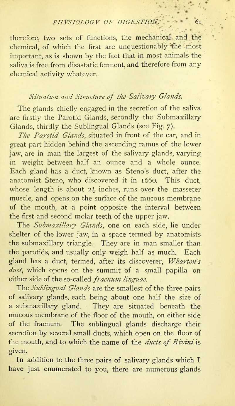 therefore, two sets of functions, the mechanical- an4 the chemical, of which the first are unquestionably '^lie ‘ most important, as is shown by the fact that in most animals the saliva is free from disastatic ferment, and therefore from any chemical activity whatever. Situation and Structure of the Salivary Glands. The glands chiefly engaged in the secretion of the saliva are firstly the Parotid Glands, secondly the Submaxillary Glands, thirdly the Sublingual Glands (see Fig. 7). The Parotid Glands, situated in front of the ear, and in great part hidden behind the ascending ramus of the lower jaw, are in man the largest of the salivary glands, varying in weight between half an ounce and a whole ounce. Each gland has a duct, known as Stcno’s duct, after the anatomist Steno, who discovered it in 1660. This duct, whose length is about inches, runs over the masseter muscle, and opens on the surface of the mucous membrane of the mouth, at a point opposite the interval between the first and second molar teeth of the upper jaw. The Submaxillary Glands, one on each side, lie under shelter of the lower jaw, in a space termed by anatomists the submaxillary triangle. They are in man smaller than the parotids, and usually only weigh half as much. Each gland has a duct, termed, after its discoverer, Wharton's duct, which opens on the summit of a s.mall papilla on either side of the so-called fraenum linguae. The Sublingual Glands are the smallest of the three pairs of salivary glands, each being about one half the size of a submaxillary gland. They are situated beneath the mucous membrane of the floor of the mouth, on either side of the fraenum. The sublingual glands discharge their secretion by several small ducts, which open on the floor of the mouth, and to which the name of the ducts of Rivini is given. In addition to the three pairs of salivary glands which I have just enumerated to you, there are numerous glands
