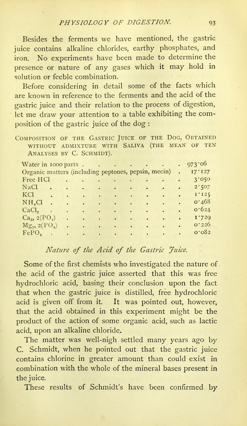 Besides the ferments we have mentioned, the gastric juice contains alkaline chlorides, earthy phosphates, and iron. No experiments have been made to determine the presence or nature of any gases which it may hold in solution or feeble combination. Before considering in detail some of the facts which are known in reference to the ferments and the acid of the gastric juice and their relation to the process of digestion, let me draw your attention to a table exhibiting the com- position of the gastric juice of the dog : Composition of the Gastric Juice of the Dog, Obtained WITHOUT ADMIXTURE WITH SALIVA (THE MEAN OF TEN Analyses by C. Schmidt). Water in looo parts . . . . 973-06 Organic matters (including peptones. pepsin, mecin) . 17-127 Free HCl .... 3-050 NaCl . 2-507 KCl . 1-125 NH4CI . 0 - 468 CaCh . 0-624 Caa, 2(P04) .... . 1-729 Mga, 2(1-0,) .... . 0-226 FePO, . 0-082 Nahire of the Acid of the Gastric Juice. Some of the first chemists who investigated the nature of the acid of the gastric juice asserted that this was free hydrochloric acid, basing their conclusion upon the fact that when the gastric juice is distilled, free hydrochloric acid is given off from it. It was pointed out, however, that the acid obtained in this experiment might be the product of the action of some organic acid, such as lactic acid, upon an alkaline chloride. The matter was well-nigh settled many years ago by C. Schmidt, when he pointed out that the gastric juice contains chlorine in greater amount than could exist in combination with the whole of the mineral bases present in the juice. These results of Schmidt’s have been confirmed by