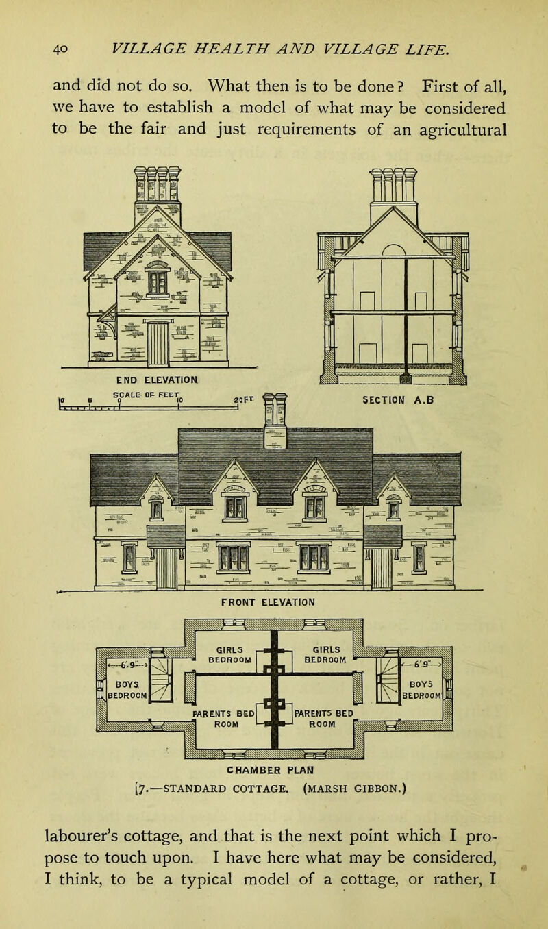 and did not do so. What then is to be done ? First of all, we have to establish a model of what may be considered to be the fair and just requirements of an agricultural FRONT ELEVATION CHAMBER PLAN [7.—STANDARD COTTAGE. (MARSH GIBBON.) labourer’s cottage, and that is the next point which I pro- pose to touch upon. I have here what may be considered, I think, to be a typical model of a cottage, or rather, I