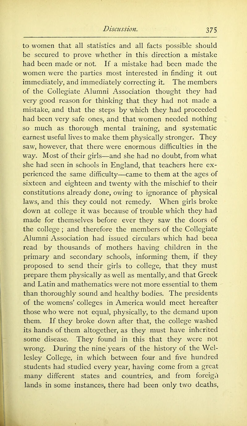 to women that all statistics and all facts possible should be secured to prove whether in this direction a mistake had been made or not. If a mistake had been made the women were the parties most interested in finding it out immediately, and immediately correcting it. The members of the Collegiate Alumni Association thought they had very good reason for thinking that they had not made a mistake, and that the steps by which they had proceeded had been very safe ones, and that women needed nothing so much as thorough mental training, and systematic earnest useful lives to make them physically stronger. They saw, however, that there were enormous difficulties in the way. Most of their girls—and she had no doubt, from what she had seen in schools in England, that teachers here ex- perienced the same difficulty—came to them at the ages of sixteen and eighteen and twenty with the mischief to their constitutions already done, owing to ignorance of physical laws, and this they could not remedy. When girls broke down at college it was because of trouble which they had made for themselves before ever they saw the doors of the college ; and therefore the members of the Collegiate Alumni Association had issued circulars which had been read by thousands of mothers having children in the primary and secondary schools, informing them, if they proposed to send their girls to college, that they must prepare them physically as well as mentally, and that Greek and Latin and mathematics were not more essential to them than thoroughly sound and healthy bodies. The presidents of the womens’ colleges in America would meet hereafter those who were not equal, physically, to the demand upon them. If they broke down after that, the college washed its hands of them altogether, as they must have inherited some disease. They found in this that they were not wrong. During the nine'years of the history of the Wel- lesley College, in which between four and five hundred students had studied every year, having come from a great many different states and countries, and from foreign lands in some instances, there had been only two deaths,