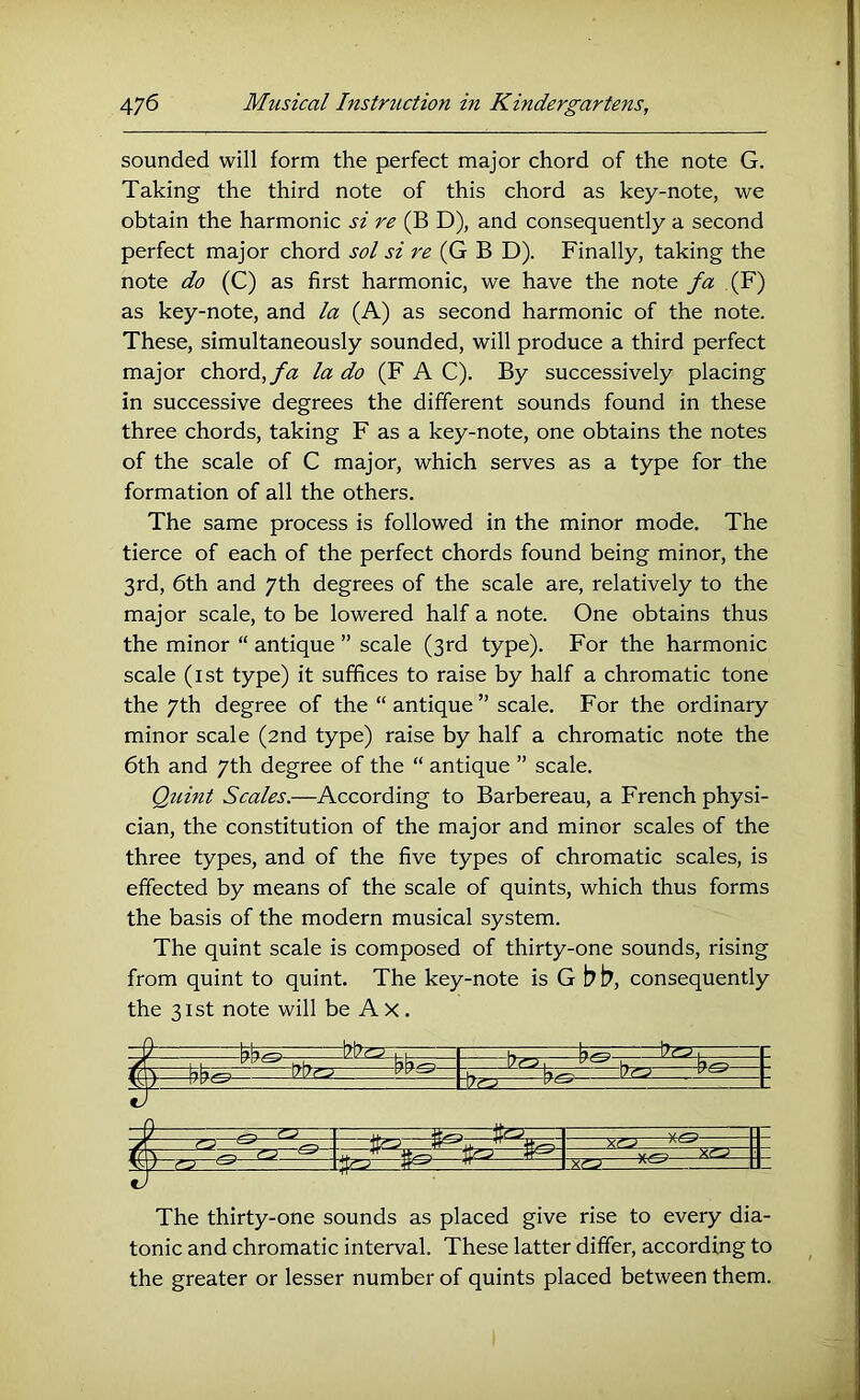 sounded will form the perfect major chord of the note G. Taking the third note of this chord as key-note, we obtain the harmonic si re (B D), and consequently a second perfect major chord sol si re (G B D). Finally, taking the note do (C) as first harmonic, we have the note fa (F) as key-note, and la (A) as second harmonic of the note. These, simultaneously sounded, will produce a third perfect major chord,/h la do (F A C). By successively placing in successive degrees the different sounds found in these three chords, taking F as a key-note, one obtains the notes of the scale of C major, which serves as a type for the formation of all the others. The same process is followed in the minor mode. The tierce of each of the perfect chords found being minor, the 3rd, 6th and 7th degrees of the scale are, relatively to the major scale, to be lowered half a note. One obtains thus the minor “ antique ” scale (3rd type). For the harmonic scale (ist type) it suffices to raise by half a chromatic tone the 7th degree of the “ antique ” scale. For the ordinary minor scale (2nd type) raise by half a chromatic note the 6th and 7th degree of the “ antique ” scale. Quint Scales.—According to Barbereau, a French physi- cian, the constitution of the major and minor scales of the three types, and of the five types of chromatic scales, is effected by means of the scale of quints, which thus forms the basis of the modern musical system. The quint scale is composed of thirty-one sounds, rising from quint to quint. The key-note is G bt>, consequently the 31st note will be A X . I . T n\j?5 h 17-' — * P-3 I® ^ tr It- 7 rD ^ The thirty-one sounds as placed give rise to every dia- tonic and chromatic interval. These latter differ, according to the greater or lesser number of quints placed between them.