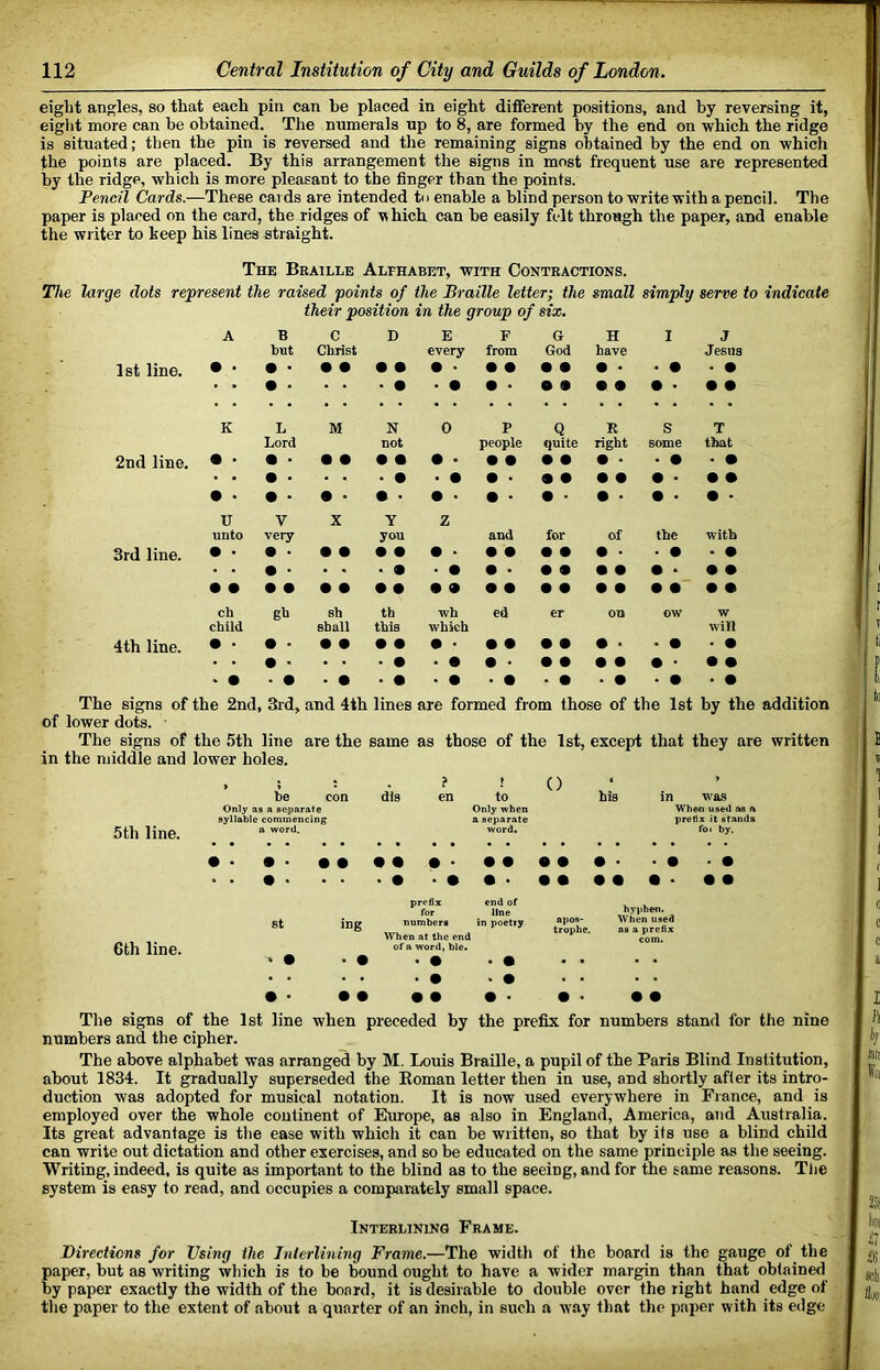 eight angles, so that each pin can be placed in eight different positions, and by reversing it, eiglit more can be obtained. Tiie numerals up to 8, are formed by the end on which the ridge is situated; then the pin is reversed and the remaining signs obtained by the end on which the points are placed. By this arrangement the signs in most frequent use are represented by the ridge, which is more pleasant to the finger than the points. Pencil Cards.—These cards are intended to enable a blind person to write with a pencil. The paper is placed on the card, the ridges of which can be easily felt through the paper, and enable the writer to keep his lines straight. The Beaille Alphabet, with Contractions. The large dots represent the raised points of the Braille letter; the small simply serve to indicate their position in the group of six. A B C D E F G H I J but Christ every from God have Jesus 1st line. • • • • • • • • • • • • • • • • • • • • • “ • • * • K L M N 0 P Q R s T Lord not people quite right some that 2nd line. • • • • • • • • • • • • • • • • • • • • • • • • • • • • • • • • • • • • • • • • • • • • • • • ' • • • • • • • • • • • • U V X Y z unto very you and for of the with 3rd line. • > • • • • • • • • • • • • • • • • • • • • • • • • ch gh Bh th wh ed er on ow w child shall this which will 4th line. • • • • • • • • • • • • • • • • • • • • • • • • • • • • • • • • • • • • • ■ • • • • • • ■ • ' • • • • • • • • • > • • • The signs of the 2nd, 3rd, and 4th lines are formed from those of the 1st by the addition of lower dots. ■ The signs of the 5th line are the same as those of the 1st, except that they are written in the middle and lower holes. 5th line. . ; ; . f he con dis en Only as a separate syllable commencing a word. t to Only when a separate word. () his in was WhM) used as a prefix it stands foi by. • • • • • • • • • ■ • • • • • • • • • • 6th line. prefix for St IDg numbers When at the end of a word, ble* > • > • • • end of line in poetry • • apos- trophe. hyphen. When used as a prefix com, . • • • . • • • • • • • • • • • • • • • The signs of the 1st line when preceded by the prefix for numbers stand for the nine numbers and the cipher. The above alphabet was arranged by M. Louis Braille, a pupil of the Paris Blind Institution, about 1834. It gradually superseded the Eoman letter then in use, and shortly after its intro- duction was adopted for musical notation. It is now used everyw'here in France, and is employed over the whole continent of Europe, as also in England, America, and Australia. Its great advantage is the ease with which it can be written, so that by its use a blind child can write out dictation and other exercises, and so be educated on the same principle as the seeing. Writing, indeed, is quite as important to the blind as to the seeing, and for the same reasons. Tlie system is easy to read, and occupies a comparately small space. Interlining Frame. Directions for Using the Interlining Frame.—The width of the board is the gauge of the paper, but as writing which is to be bound ought to have a wider margin than that obtained by paper exactly the width of the board, it is desirable to double over the right hand edge of the paper to the extent of about a quarter of an inch, in such a way that the paper with its edge