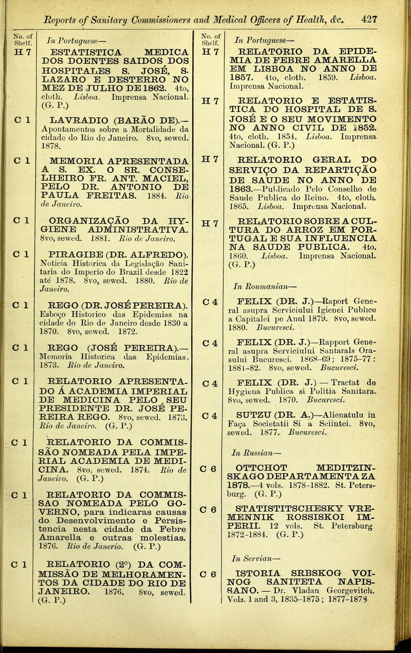 No. of Slielf. H 7 In Portuguese— ESTATISTICA MEDICA DOS DOENTES SAIDOS DOS HOSPITALES S. JOSil, S. LAZARO E DESTERRO NO MEZ DE JULHO DE 1862. 4to, cloth. Lisboa. Irnprensa Nacional. (G. P.) No. of Shelf. H7 H 7 C 1 LAVRADIO (BARAO DE).— Apontamentos sobre a Mortalidade da cidade do Eio de Janeiro. 8vo, sewed. 1878. C 1 MEMORIA APRESENTADA A S. EX. 0 SR. CONSE- LHEIRO PR. ANT. MACIEL, PELO DR. ANTONIO DE PAULA FREITAS. 1884. Rio de Janeiro. H 7 C 1 ORGANIZA9AO DA HY- GIENE ADMINISTRATIVA. 8vo, sewed. 1881. Rio de Janeiro. H 7 C 1 PIRAGIBE (DR. ALFREDO). Noticia Historica da Legislagao Sani- taria do Imperio do Brazil desde 1822 ate' 1878. 8vo, sewed. 1880. Rio de Janeiro. C 1 REGO (DR. JOSil PEREIRA). Esbo(;o Historico das Epidemias na cidade do Eio de Janeiro desde 1830 a 1870. 8vo, sewed. 1872. C 4 C 1 REGO (JOS:6 PEREIRA).— Memoria Historica das Epidemias. 1873. Rio de Janeiro. C 4 C 1 ' RELATORIO APRESENTA- DO A ACADEMIA IMPERIAL DE MEDICINA PELO , SEU PRESIDENTE DR. JOSE PE- REIRA REGO. 8vo, sewed. 1873. Rio de Janeiro. (G. P.) C 4 C 4 1 ,1 C 1 11 RELATORIO DA COMMIS- SAO NOMEADA PELA IMPE- RIAL ACADEMIA DE MEDI- CINA. 8vo, sewed. 1874. Rio de Janeiro. (G. P.) C 6 C 1 RELATORIO DA COMMIS- SAO NOMEADA PELO GO- VERNO, para indiearas causas do Desenvolvimento e Persis- teneia nesta cidade da Febre Amarella e outras molestias. 1876. Rio de Janerio. (G. P.) C 6 c 1 RELATORIO (2°) DA COM- MISSAO DE MELHORAMEN- TOS DA CIDADE DO RIO DE JANEIRO. 1876. 8vo, sewed. (G. P.) C 6 In Portuguese— REIiATORIO DA EPIDE- MIA DE FEBRE AMARELLA EM LISBOA NO ANNO DE 1857. 4to, cloth. 1859. Lisboa. Irnprensa Nacional. RELATORIO E ESTATIS- TICA DO HOSPITAL DE S. JOSil E O SEU MOVIMENTO NO ANNO CIVIL DE 1852. 4to, cloth. 1854. Lisboa. Irnprensa Nacional. (G. P.) RELATORIO GERAL DO SERVI90 DA REPARTI9AO DE SAUDE NO ANNO DE 1863.—Puhlicado Pelo Conselho de Saude Publica do Keino. 4to, cloth, 1865. Lisboa. Irnprensa Nacional. RELATORIO SOBRE A CUL- TURA DO ARROZ EM POR- TUGAL E SUA INFLUENCIA NA SAUDE PUBLICA. 4to. 1800. Lisboa. Irnprensa Nacional. (G. P.) In Roumanian— FELIX (DR. J.)—Eaport Gene- ral asupra Serviciului Igienei Publice a Capitalei pe Anul 1879. 8vo, sewed. 1880. Bucuresci. FELIX (DR. J.)—Eapport Gene- ral asupra Serviciului Santarals Ora- sului Bucuresci. 1868-69; 1875-77: 1881-82. 8vo, sewed. Bucuresci. FELIX (DR. J.) — Tractat de Hygiena Publica si Politia Sanitara. 8vo, sewed. 1870. Bucuresci. SUTZU (DR. A.)—Alienatulu in Fa^a Sooietatii Si a Sciintei. 8vo, sewed. 1877. Bucuresci. In Russian— OTTCHOT MEDITZIN- SKAGO DEPARTAMENTA ZA 1878.—4vols. 1878-1882. St. Peters- burg. (G. P.) STATISTITSCHESKY VRE- MENNIK ROSSISKOI IM- PERII. 12 vols. St. Petersburg 1872-1884. (G. P.) In Servian— ISTORIA SRBSKOG VOI- NOG SANITETA NAPIS- SANO. — Dr. Vladan Georgevitch. Vols. 1 and 3, 1835-1875; 1877-1878