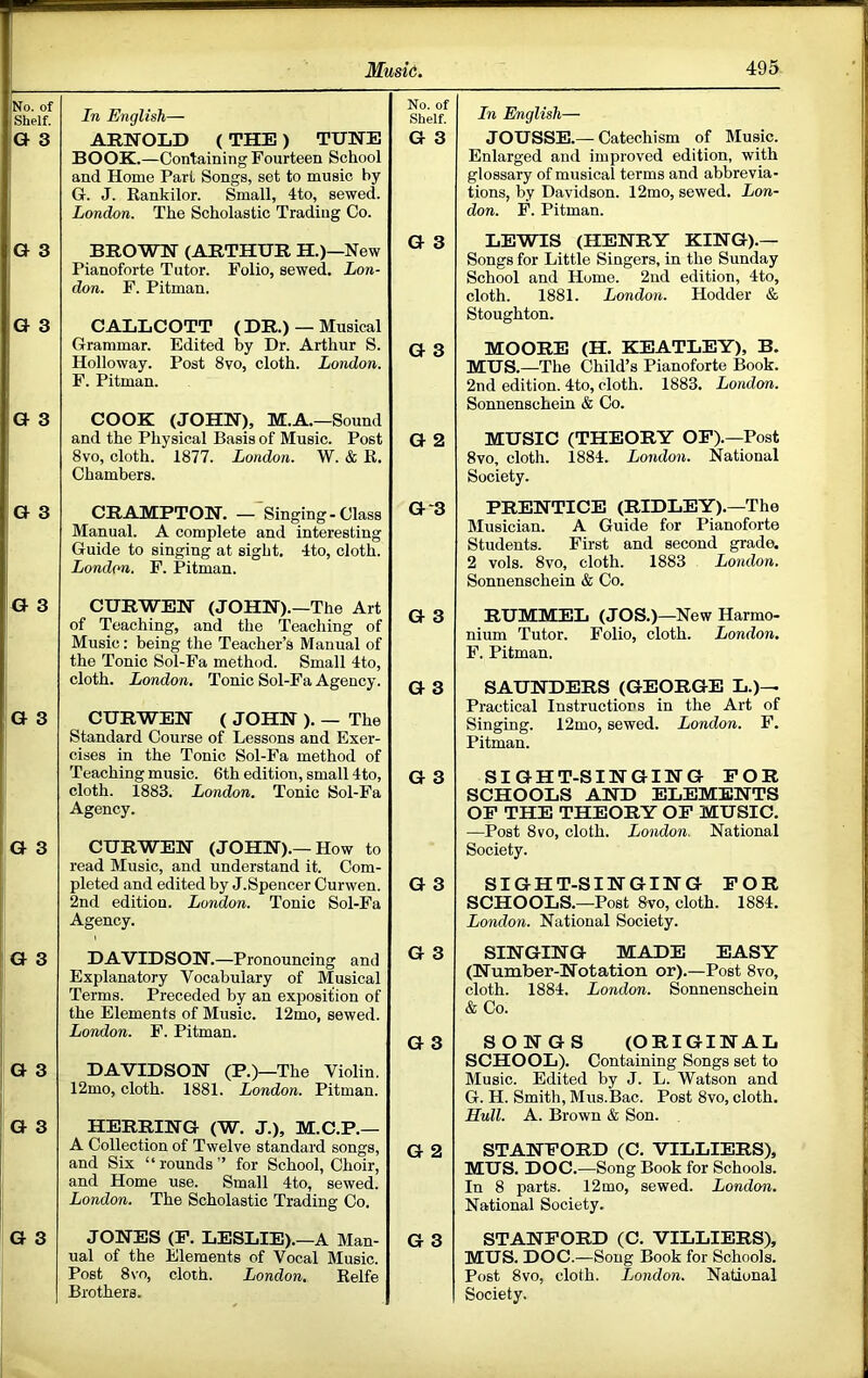 In English— ARNOLD (THE) TUNE BOOK.—Containing Fourteen School and Home Part Songs, set to music by G. J. Eankilor. Small, 4to, sewed. London. The Scholastic Trading Co. BROWN (ARTHUR H.)—New Pianoforte Tutor. Folio, sewed. Lon- don. F. Pitman. CALLCOTT ( DR.) — Musical Grammar. Edited by Dr. Arthur S. Holloway. Post 8vo, cloth. London. F. Pitman. COOK (JOHN), M.A.—Sound and the Physical Basis of Music. Post 8vo, cloth. 1877. London. W. & K. Chambers. CRAMPTON. — Singing - Class Manual. A complete and interesting Guide to singing at sight. 4to, cloth. London. F. Pitman. CURWEN (JOHN).—The Art of Teaching, and the Teaching of Music: being the Teacher’s Manual of the Tonic Sol-Fa method. Small 4to, cloth. London. Tonic Sol-Fa Agency. CURWEN ( JOHN ). — The Standard Course of Lessons and Exer- cises in the Tonic Sol-Fa method of Teaching music. 6th edition, small 4to, cloth. 1883. London. Tonic Sol-Fa Agency. CURWEN (JOHN).—How to read Music, and understand it. Com- pleted and edited by J.Spencer Curwen. 2nd edition. London. Tonic Sol-Fa Agency. DAVIDSON.—Pronouncing and Explanatory Vocabulary of Musical Terms. Preceded by an exposition of the Elements of Music. 12mo, sewed. London. F. Pitman. DAVIDSON (P.)—The Violin. 12mo, cloth. 1881. London. Pitman. HERRING (W. J.), M.C.P.— A Collection of Twelve standard songs, and Six “ rounds ” for School, Choir, and Home use. Small 4to, sewed. London. The Scholastic Trading Co. J ONES (P. LESLIE).—A Man- ual of the Elements of Vocal Music. Post 8\o, cloth. London. Kelfe Brothers. In English— JOUSSE.— Catechism of Music. Enlarged and improved edition, with glossary of musical terms and abbrevia- tions, by Davidson. 12mo, sewed. Lon- don. F. Pitman. LEWIS (HENRY KING).— Songs for Little Singers, in the Sunday School and Home. 2nd edition, 4to, cloth. 1881. London. Hodder & Stoughton. MOORE (H. KEATLEY), B. MUS.—The Child’s Pianoforte Book. 2nd edition. 4to, cloth. 1883. London. Sonnenschein & Co. MUSIC (THEORY OP).—Post 8vo, cloth. 1884. London. National Society. PRENTICE (RIDLEY).—The Musician. A Guide for Pianoforte Students. First and second grade. 2 vols. 8vo, cloth. 1883 London. Sonnenschein & Co. RUMMEL (JOS.)—New Harmo- nium Tutor. Folio, cloth. London, F. Pitman. SAUNDERS (GEORGE L.)— Practical Instructions in the Art of Singing. 12mo, sewed. London. F. Pitman. SIGHT-SINGING POR SCHOOLS AND ELEMENTS OP THE THEORY OP MUSIC. —Post 8 VO, eloth. London. National Society. SIGHT-SINGING POR SCHOOLS.—Post 8vo, cloth. 1884. London. National Society. SINGING MADE EASY (Number-Notation or).—Post 8vo, cloth. 1884. London. Sonnenschein &Co. SONGS (ORIGINAL SCHOOL). Containing Songs set to Music. Edited by J. L. Watson and G. H. Smith, Mus.Bac. Post 8vo, cloth. Hull. A. Brown & Son. STANFORD (C. VILLIERS), MUS. DOC.—Song Book for Schools. In 8 parts. 12 mo, sewed. London. National Society. STANFORD (C. VILLIERS), MUS. DOC.—Song Book for Schools. Post 8vo, cloth. London. National Society. No. of Shelf. G 3 G 3 G 3 G 2 G-3 G 3 G 3 G 3 G 3 G 3 G 3 G 2 G 3