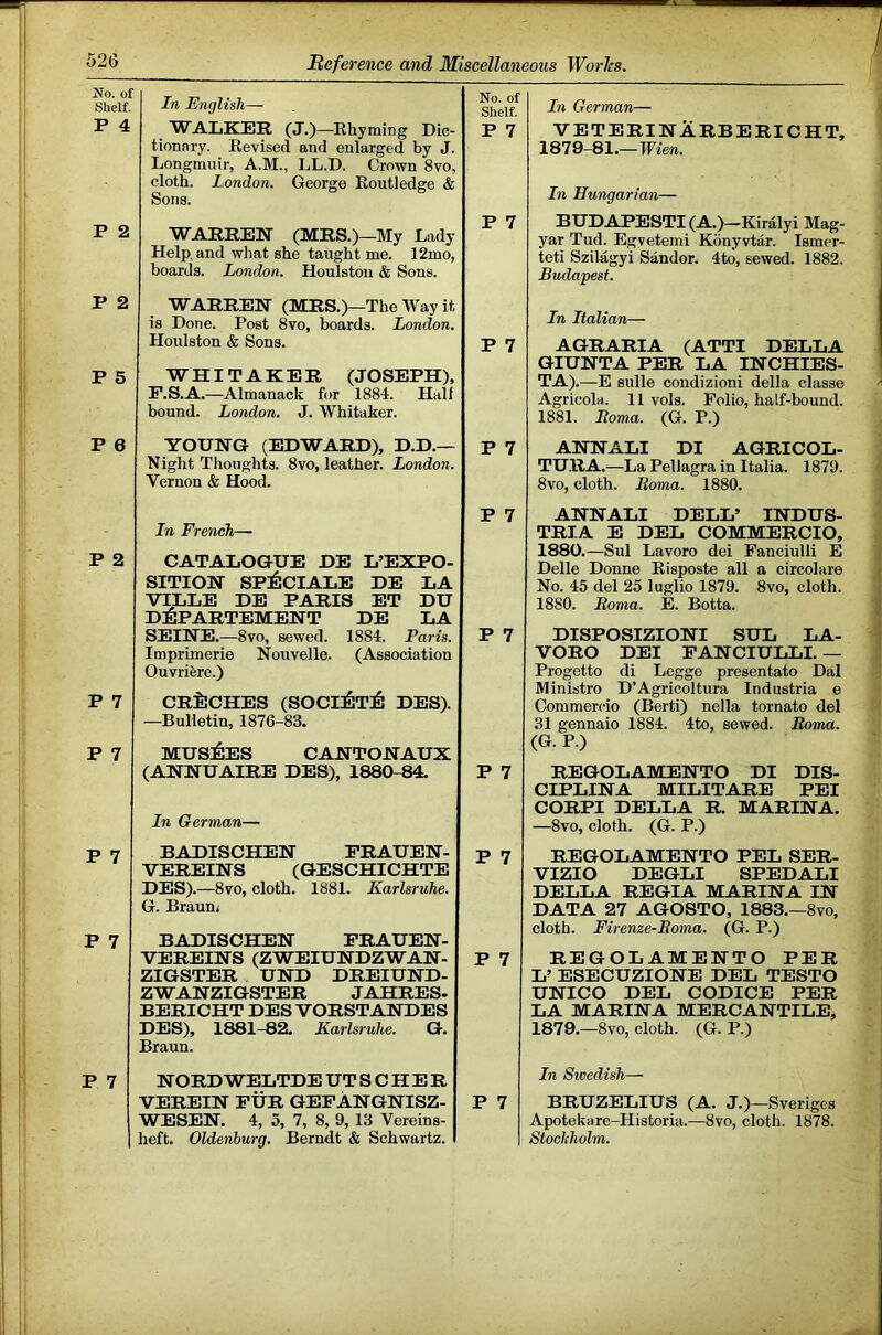 No. of Shelf. P 4 P 2 P 2 P 5 P 6 P 2 P 7 P 7 P 7 P 7 P 7 In English— WALKER (J.)—^Ehyming Dic- tionnry. Revised and enlarged by J. Longmuir, A.M., LL.D. Crown 8vo, cloth. London. George Eoutledge & Sons. WARREN (MRS.)—My Lady Help, and wliat she taught me. 12mo, boards. London. Houlston & Sons. No. of Shelf. P 7 P 7 In German— VETERINARBERICHT, 1879-81.— Wien. In Hungarian— BUDAPESTI (A.)—Kiralyi Mag- yar Tiid. Egyetemi Kbnyvtar. Ismer- teti Szilagyi Sandor. 4to, sewed. 1882. Budapest. WARREN (MRS.)—The VVay it is Done. Post 8vo, boards. London. Hoidston & Sons. P 7 WHITAKER (JOSEPH), P.S.A.—Almanack for 1884. Half bound. London. J. Whitaker. In Italian— AGRARIA (ATTI DELLA GIUNTA PER LA INCHIES- TA).—E sulle condizioni della classe Agricola. 11 vols. Folio, half-bound. 1881. Roma. (G. P.) YOUNG (EDWARD), D.D.— Night Thoughts. 8vo, leather. London. Vernon & Hood. P 7 ANNALI DI AGRICOL- TU.RA.—La Pellagra in Italia. 1879. 8vo, cloth. Roma. 1880. In French— CATALOGUE DE L’EXPO- SITION SP:6cIALE DE LA VTLLE DE PARIS ET DU DEPARTEMENT DE LA SEINE.—8vo, sewed. 1884. Paris. Imprimerie Nouvelle. (Association Ouvrifere.) CRiicHES (SOCi:6t:6 des). —Bulletin, 1876-83. mus:6es cantonaux (ANNUAIRE DES), 1880-84. In German— P 7 ANNALI DELL’ INDUS- TRIA E DEL COMMERGIO, 1880.—Sul Lavoro dei Fanciulli E Delle Donne Risposte all a circolare No. 45 del 25 luglio 1879. 8vo, cloth. 1880. Roma. E. Botta. P 7 DISPOSIZIONI SUL LA- VORO DEI FANCIULLI. — Progetto di Legge presentato Dal Ministro D’Agricoltura Industria e Commercio (Berti) nella tomato del 31 gennaio 1884. 4to, sewed. Roma. (G. P.) P 7 REGOLAMENTO DI DIS- CIPLINA MILITARE PEI CORPI DELLA R. MARINA. —8vo, cloth. (G. P.) BADISCHEN FRAUEN- p 7 VEREINS (GESCHICHTE DES). —8vo, cloth. 1881. Karlsruhe. I G. Braun< BADISCHEN FRAUEN- VEREINS (ZWEIUNDZWAN- P 7 ZIGSTER UND DREIUND- ZWANZIGSTER JAHRES- BERICHT DES VORST ANDES DES), 1881-82. Karlsruhe. G. Braun. REGOLAMENTO PEL SER- VIZIO DEGLI SPEDALI DELLA REGIA MARINA IN DATA 27 AGOSTO, 1883.—8vo, cloth. Firenze-Roma. (G. P.) REGOLAMENTO PER L’ ESECUZIONE DEL TESTO UNICO DEL CODICE PER LA MARINA MERCANTILE, 1879.—8vo, cloth. (G. P.) NORD WELTDE UT S C H E R VEREIN FUR GEFANGNISZ- WESEN. 4, 5, 7, 8, 9, 13 Vereins- heft. Oldenburg. Berndt & Schwartz. In Swedish— P 7 BRUZELIUS (A. J.) —Sverigcs Apotekare-Historia.—8vo, cloth. 1878. Stochholm.