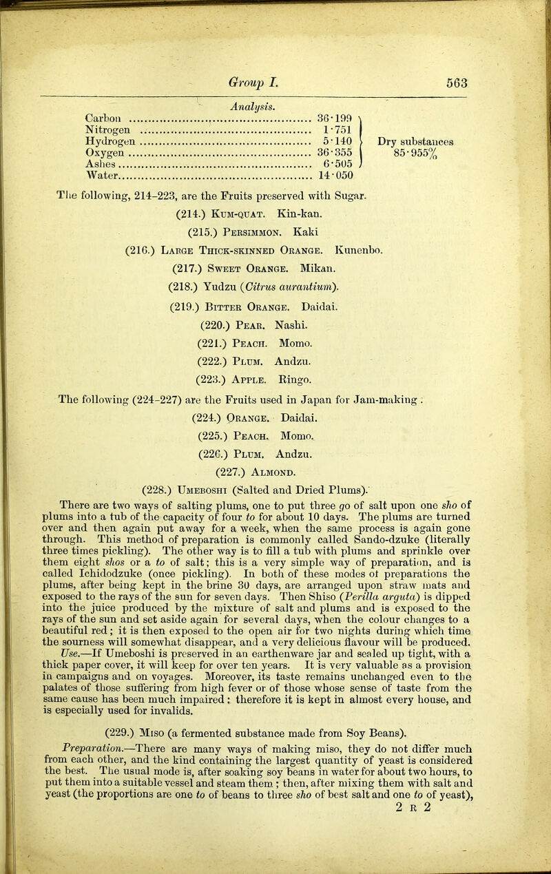 Analysis. Carbon 36-199 Nitrogen 1-751 Hydrogen 5-110 Oxygen 36-355 Aslies 6-505 Water 14-050 Dry substances 85-955% The following, 214-223, are the Fruits preserved with Sugar. (214.) Ktim-quat. Kin-kan. (215.) Persimmon. Kaki (216.) Large Thick-skinned Orange. Kunenbo. (217.) Sweet Orange. Mikan. (218.) Yudzu (Citrus aurantium). (219.) Bitter Orange. Daidai. (220.) Pear. Nashi. (221.) Peach. Momo. (222.) Plum. Andzu. (223.) Apple. Eingo. The following (224-227) are the Fruits used in Japan for Jam-making . (224.) Orange. Daidai. (225.) Peach. Momo, (22G.) Plum. Andzu. (227.) Almond. (228.) Umeboshi (Salted and Dried Plums). There are two ways of salting plums, one to put three go of salt upon one sJw of plums into a tub of the capacity of four to for about 10 days. The plums are turned over and then again put away for a week, when the same process is again gone through. This method of preparation is commonly called Sando-dzuke (literally three times pickling). The other way is to fill a tub with plums and sprinkle over them eight shos or a to of salt; this is a very simple way of preparation, and is called Ichidodzuke (once pickling). In both of these modes ot preparations the plume, after being kept in the brine 30 days, are arranged upon straw mats and exposed to the rays of the sun for seven days. Then Shiso (Perilla arguta) is dipped into the juice produced by the mixture of salt and plums and is exposed to the rays of the sun and set aside again for several days, when the colour changes to a beautiful red; it is then exposed to the open air for two nights during which time the sourness will somewhat disappear, and a very delicious flavour will be produced. Use.—If Umeboshi is preserved in an earthenware jar and sealed up tight, with a thick paper cover, it will keep for over ten years. It is very valuable as a provision in campaigns and on voyages. Moreover, its taste remains unchanged even to the palates of those suffering from high fever or of those whose sense of taste from the same cause has been much impaired ; therefore it is kept in almost every house, and is especially used for invalids. (229.) Miso (a fermented substance made from Soy Beans). Preparation.—There are many ways of making miso, they do not differ much from each other, and the kind containing the largest quantity of yeast is considered the best. The usual mode is, after soaking soy beans in water for about two hours, to put them into a suitable vessel and steam them; then, after mixing them with salt and yeast (the proportions are one to of beans to three sho of best salt and one to of yeast),