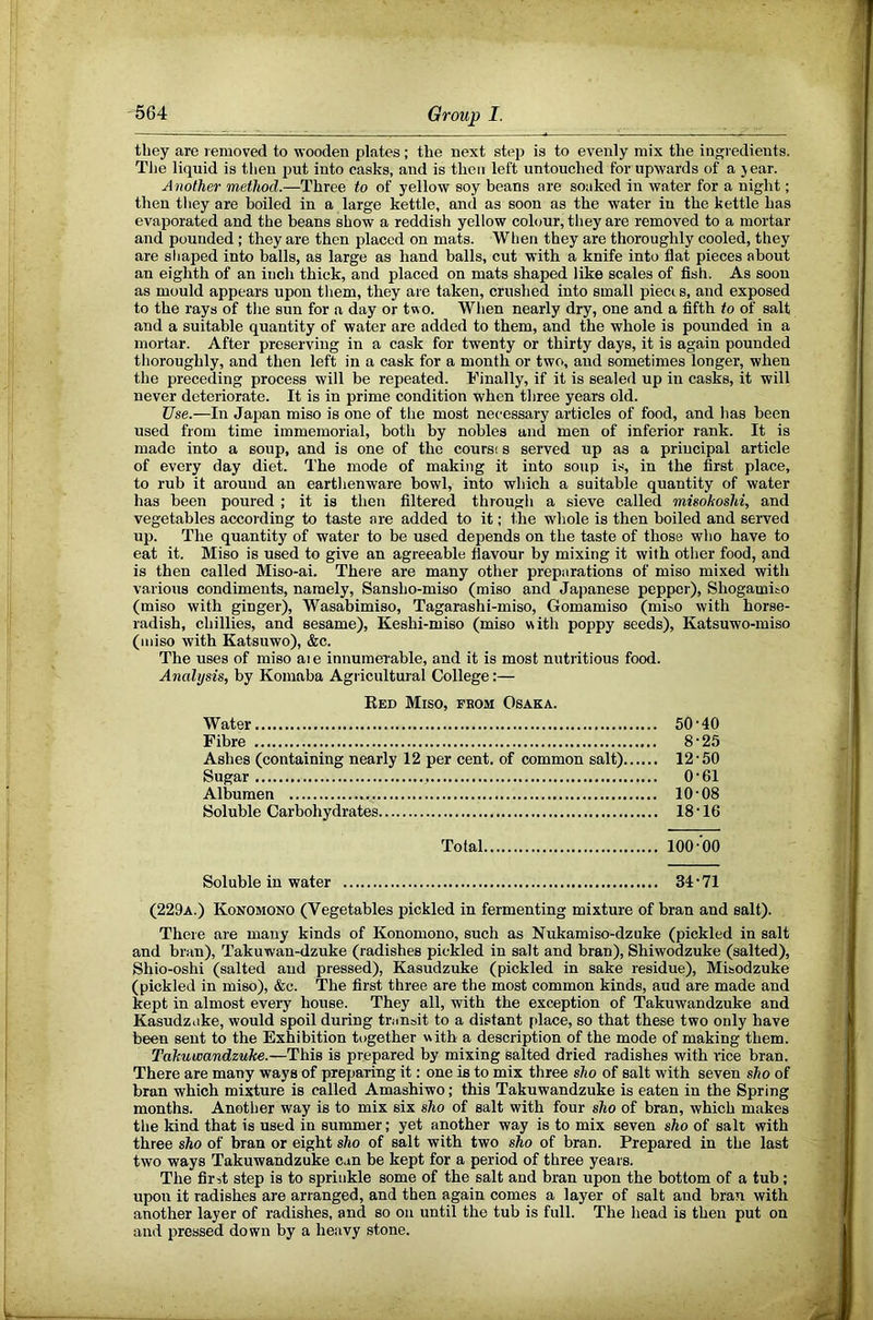 they are removed to wooden plates; the next step is to evenly mix the ingredients. Tlie liquid is then put into casks, and is then left untouched for upwards of a jear. Another method.—Three to of yellow soy beans are soaked in water for a night; then tliey are boiled in a large kettle, and as soon as the water in the kettle has evaporated and the beans show a reddish yellow colour, they are removed to a mortar and pounded; they are then placed on mats. When they are thoroughly cooled, they are shaped into balls, as large as hand balls, cut with a knife into flat pieces about an eighth of an inch thick, and placed on mats shaped like scales of flsh. As soon as mould appears upon them, they are taken, crushed into small pieci s, and exposed to the rays of the sun for a day or two. When nearly dry, one and a fifth to of salt and a suitable quantity of water are added to them, and the whole is pounded in a mortar. After preserving in a cask for twenty or thirty days, it is again pounded thoroughly, and then left in a cask for a month or two, and sometimes longer, when the preceding process will be repeated. Finally, if it is sealed up in casks, it will never deteriorate. It is in prime condition when three years old. Use.—In Japan miso is one of the most necessary articles of food, and has been used from time immemorial, both by nobles and men of inferior rank. It is made into a soup, and is one of the cours! s served up as a principal article of every day diet. The mode of making it into soup is, in the first place, to rub it around an earthenware bowl, into which a suitable quantity of water has been poured ; it is then filtered through a sieve called misokoshi, and vegetables accoiding to taste are added to it: lire whole is then boiled and served up. The quantity of water to be used depends on the taste of those who have to eat it. Miso is used to give an agreeable flavour by mixing it with other food, and is then called Miso-ai. There are many other preparations of miso mixed with various condiments, namely, Sansho-miso (miso and Jajranese pepper), Shogamito (miso with ginger), Wasabimiso, Tagarashi-miso, Gomamiso (miso with horse- radish, chillies, and sesame), Keshi-miso (miso with poppy seeds), Katsuwo-miso (miso with Katsuwo), &c. The uses of miso ai e innumerable, and it is most nutritious food. Analysis, by Komaba Agricultural College:— Eed Miso, from Osaka. Water 50'40 Fibre 8 • 25 Ashes (containing nearly 12 per cent, of common salt) 12'50 Sugar O'61 Albumen 10 • 08 Soluble Carbohydrates 18'16 Total 100-OO Soluble in water 34'71 (229a.) Konomono (Vegetables pickled in fermenting mixture of bran and salt). There are many kinds of Konomono, such as Nukamiso-dzuke (pickled in salt and bran), Takuwan-dzuke (radishes pickled in salt and bran), Shiwodzuke (salted), Shio-oshi (salted and pressed), Kasudzuke (pickled in sake residue), Misodzuke (pickled in miso), &c. The first three are the most common kinds, aud are made and kept in almost ever-y house. They all, with the exception of Takuwandzuke and Kasudzuke, would spoil during transit to a distant place, so that these two only have been sent to the Exhibition together with a description of the mode of making them. Takuwandzuke.—This is prepared by mixing salted dried radishes with rice bran. There are many ways of preparing it; one is to mix three sho of salt with seven sho of bran which mixture is called Amashiwo; this Takuwandzuke is eaten in the Spring months. Another way is to mix six sho of salt with four sho of bran, which makes tlie kind that is used in summer; yet another way is to mix seven sho of salt with three sho of bran or eight sho of salt with two sho of bran. Prepared in the last two ways Takuwandzuke can be kept for a period of three years. The fir>t step is to sprinkle some of the salt and bran upon the bottom of a tub; upon it radishes are arranged, and then again comes a layer of salt and bran with another layer of radishes, and so on until the tub is full. The head is then put on and pressed down by a heavy stone.