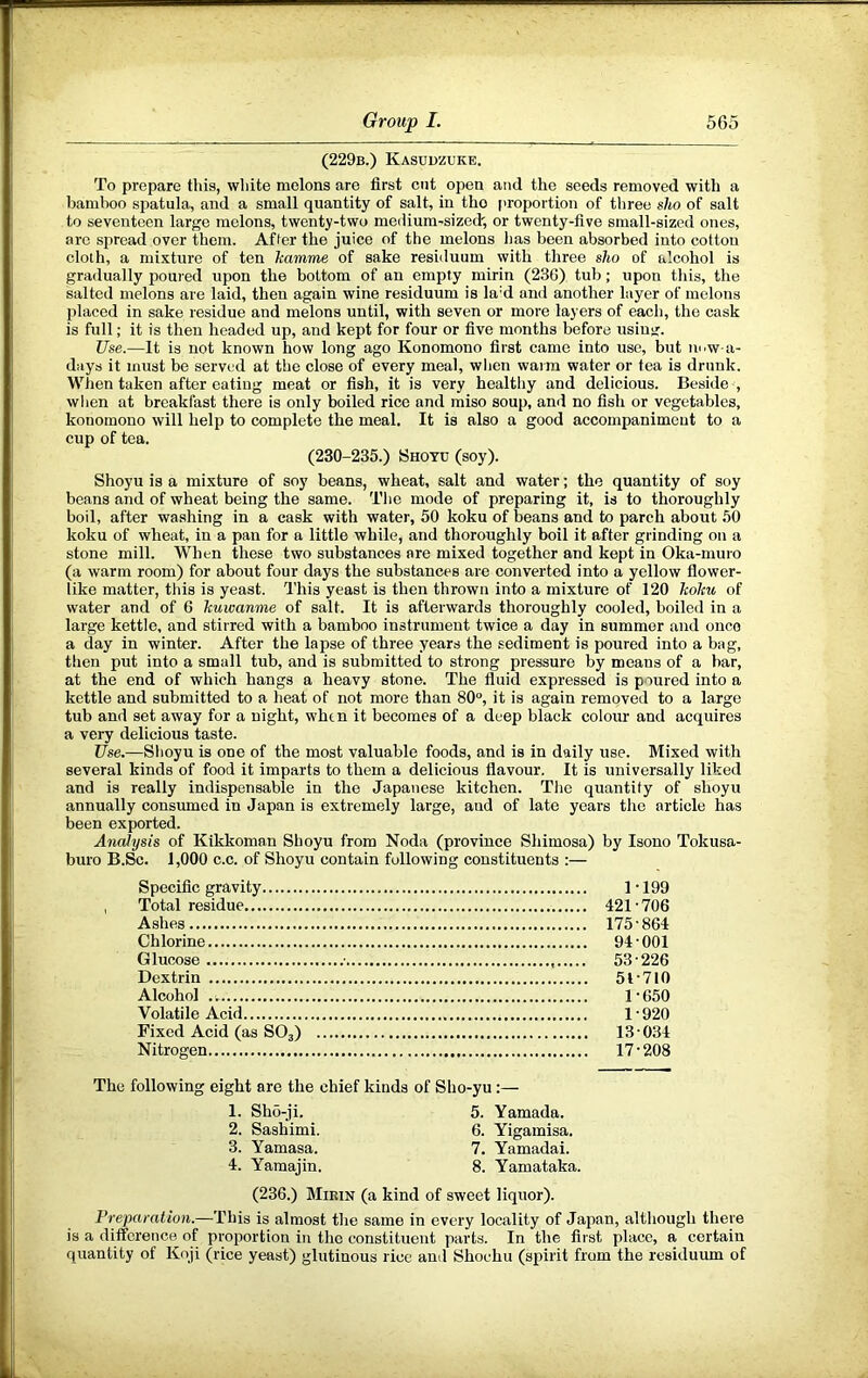 (229b.) Kasudzuke. To prepare this, white melons are first cut open and the seeds removed with a bamboo spatula, and a small quantity of salt, in tho [iroportion of tliree slio of salt to seventeen large melons, twenty-two medium-sized', or twenty-five small-sized ones, arc spread over them. After the juice of the melons has been absorbed into cotton cloth, a mixture of ten kamme of sake residuum with three slio of alcohol is gradually poured upon the bottom of an empty mirin (23G) tub; upon tliis, the salted melons are laid, then again wine residuum is la'd and another layer of melons placed in sake residue and melons until, with seven or more layers of each, the cask is full; it is then headed up, and kept for four or five months before using. Use.—It is not known how long ago Konomono first came into use, but iicw-a- days it must be served at the close of every meal, wlien warm water or tea is drunk. MHien taken after eating meat or fish, it is very healthy and delicious. Beside , when at breakfast there is only boiled rice and miso soup, and no fish or vegetables, konomono will help to complete the meal. It is also a good accompaniment to a cup of tea. (230-235.) Shoyd (soy). Shoyu is a mixture of soy beans, wheat, salt and water; the quantity of soy beans and of wheat being the same. Tlie mode of preparing it, is to thoroughly boil, after washing in a cask with water, 50 koku of beans and to parch about 50 koku of wheat, in a pan for a little while, and thoroughly boil it after grinding on a stone mill. When these two substances are mixed together and kept in Oka-muro (a warm room) for about four days the substances are converted into a yellow flower- like matter, this is yeast. This yeast is then thrown into a mixture of 120 koku of water and of 6 kuwanme of salt. It is afterwards thoroughly cooled, boiled in a large kettle, and stirred with a bamboo instrument twice a day in summer and onco a day in winter. After the lapse of three years the sediment is poured into a bag, then put into a small tub, and is submitted to strong pressure by means of a bar, at the end of which hangs a heavy stone. The fluid expressed is poured into a kettle and submitted to a heat of not more than 80“, it is again removed to a large tub and set away for a night, when it becomes of a deep black colour and acquires a very delicious taste. Use.—Slioyu is one of the most valuable foods, and is in daily use. Mixed with several kinds of food it imparts to them a delicious flavour. It is universally liked and is really indispensable in the Japanese kitchen. The quantify of shoyu annually consumed in Japan is extremely large, and of late years tho article has been exported. Analysis of Kikkoman Shoyu from Noda (province Shimosa) by Isono Tokusa- buro B.Sc. 1,000 c.c. of Shoyu contain following constituents :— Specific gravity 1 • 199 Total residue 421'706 Ashes 175-864 Chlorine 94-001 Glucose ■ 53-226 Dextrin 51-710 Alcohol 1-650 Volatile Acid 1-920 Fixed Acid (as SO3) 13-034 Nitrogen 17 - 208 The following eight are the chief kinds of Sho-yu;— 1. Sho-ji. 2. Sashimi. 3. Yamasa. 4. Yamajin. 5. Yamada. 6. Yigamisa. 7. Yamadai. 8. Yamataka. (236.) Mirin (a kind of sweet liquor). Preparation.—This is almost the same in every locality of Japan, altliough there is a difference of proportion in the constituent parts. In the first place, a certain quantity of Koji (rice yeast) glutinous rice and Shochu (spirit from the residuum of