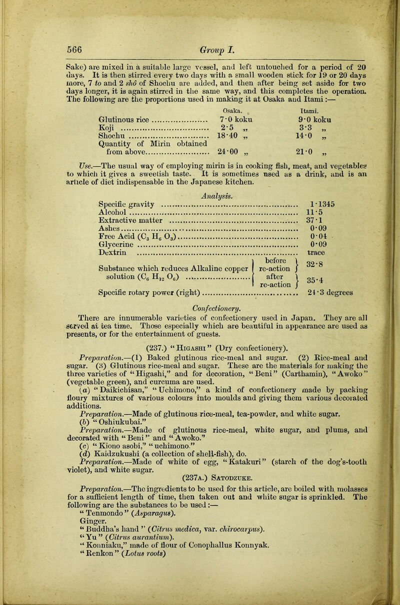 Sake) are mixed in a suitable large vessel, and left untouched for a period, of 20 days. It is then stirred every two days with a small wooden stick for 19 or 20 days more, 7 to and 2 slid of Shochu are added, and then after being set aside for two days longer, it is again stirred in the same way, and this completes the operation. The following are the proportions used in making it at Osaka aud Itami:— Glutinous rice Koji Shochu Quantity of Mirin obtained f) om above Osaka. Itami. 7 • Q koku 9-0 koku 2‘5 „ 3-3 „ 18-40 „ 14-0 „ 24-00 „ 21-0 „ Use.—The usual way of employing mirin is in cooking fish, meat, and vegetables to which it gives a sweetish taste. It is sometimes used as a drink, and is an article of diet indispensable in the Japanese kitchen. Analysis. Specific gravity Alcohol Extractive matter •• •••••••• Free Acid (Cj Hg 63) Glycerine Dextrin Substance which reduces Alkaline copper solution (Cg Hj2 Og) Specific rotary power (right) before \ re-action j after I re-action / 1-1345 11-5 37-1 0-09 0-04 0-09 trace 32-8 35-4 24-3 degrees Confectionery. There are innumerable varieties of confectionery used in Japan. They are all served at tea time. Those especially which are beautiful in appearance are used as presents, or for the entertainment of guests. (237.) “Higashi” (Dry confectionery). Preparation.—(1) Baked glutinous rice-meal and sugar. (2) Eice-meal aud sugar. (8) Glutinous rice-meal and sugar. These are the materials for making the three varieties of “Higashi,” and for decoration, “Beni” (Carthamin), “Awoko” (vegetable green), and curcuma are used. {a) “ Daikichisan,” “ Uchimono,” a kind of confectionery made by packing floury mixtures of various colours into moulds and giving them various decorated additions. Preparation.—Made of glutinous rice-meal, tea-powder, and white sugar. (6) “ Oshiukubai.” Preparation.—Made of glutinous rice-meal, white sugar, and plums, and decorated with “ Beni ” and “ Awoko.” (c) “ Kiono asobi,” “ uchimono.” (d) Kaidzukushi (a collection of shell-fish), do. Preparation.—Made of white of egg, “Katakuri” (starch of the dog's-tooth violet), and white sugar. (237a.) Satodzuke. Preparation.—The ingredients to be used for this article, are boiled with molasses for a sufficient length of time, then taken out and white sugar is sprinkled. The following are the substances to be used:— “ Tenmondo ” {Asparagus'). Ginger. “ Buddha’s hand ’’ {Citrus medica, var. chirocarpus). “Yu ” {Citrus aurantium). Koiiniaku,” made of flour of Conophallus Konnyak. “ Kenkon ” {Lotus roots)