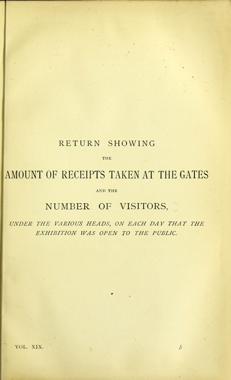 RETURN SHOWING THE AMOUNT OF RECEIPTS TAKEN AT THE GATES AND THE NUMBER OF VISITORS, UNDER THE VARIOUS HEADS, ON EACH DAY THAT THE EXHIBITION WAS OPEN TO THE PUBLIC. VOL, XIX. b