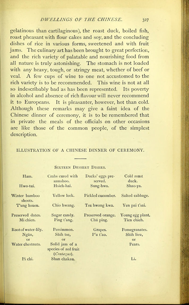 gelatinous than cartilaginous), the roast duck, boiled fish, roast pheasant with flour cakes and soy, and the concluding dishes of rice in various forms, sweetened and with fruit jams. The culinary art has been brought to great perfection, and the rich variety of palatable and nourishing food from all nature is truly astonishing. The stomach is not loaded with any heavy, tough, or stringy meat, whether of beef or veal. A few cups of wine to one not accustomed to the rich variety is to be recommended. This wine is not at all so indescribably bad as has been represented. Its poverty in alcohol and absence of rich flavour will never recommend it to EurojDeans. It is pleasanter, however, hot than cold. Although these remarks may give a faint idea of the Chinese dinner of ceremony, it is to be remembered that in private the meals of the officials on other occasions are like those of the common people, of the simplest description. ILLUSTRATION OF A CHINESE DINNER OF CEREMONY. Sixteen Dessert Dishes. I lam. Crabs cured with samshoo. Hwo-tui. Hsieh-hai. Winter bamboo shoots. Yellow leek. T’ung hsuen. Chio hwang. Preserved dates. Sugar candy. Mi chien. Ping t’ang. Root of water-lily. Persimmon. Ngau, Shih tse, or or Water chestnuts. Solid jam of a species of red fruit {Crata^us). Pi chi. Shan chakau. Ducks’ eggs pre- served. Sung-hwa. Cold roast duck. Shao-ya. Pickled cucumber. Salted cabbage. Tsu hwang kwa. Yen pai t’sai. Preserved orange. Chii ping. Young egg plant, Tien chieh. Grapes. P’u t’ao. Pomegranates. Shih lieu, or Pears. Li,