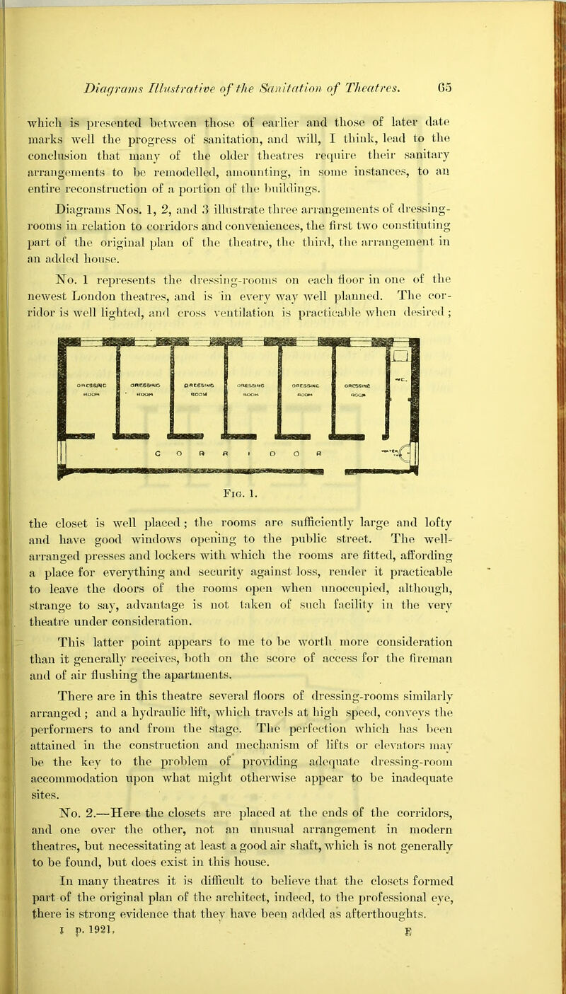 which is presented between those of earlier and those of later date marks well the progress of sanitation, and will, 1 think, lead to the conclusion that many of the older theatres require their sanitary arrangements to be remodelled, amounting, in some instances, to an entire reconstruction of a portion of the buildings. Diagrams Nos. 1, 2, and 3 illustrate three arrangements of dressing- rooms in relation to corridors and conveniences, the first two constituting part of the original plan of the theatre, the third, the arrangement in an added house. No. 1 represents the dressing-rooms on each floor in one of the newest London theatres, and is in every way well planned. The cor- ridor is well lighted, and cross ventilation is practicable when desired ; the closet is well placed; the rooms are sufficiently large and lofty and have good windows opening to the public street. The well- arranged presses and lockers with which the rooms are fitted, affording a place for everything and security against loss, render it practicable to leave the doors of the rooms open when unoccupied, although, strange to say, advantage is not taken of such facility in the very theatre under consideration. This latter point appears to me to be worth more consideration than it generally receives, both on the score of access for the fireman and of air flushing the apartments. There are in this theatre several floors of dressing-rooms similarly arranged ; and a hydraulic lift, which travels at high speed, conveys the performers to and from the stage. The perfection which has been attained in the construction and mechanism of lifts or elevators may be the key to the problem of providing adequate dressing-room accommodation upon what might otherwise appear to be inadequate sites. No. 2.—Here the closets are placed at the ends of the corridors, and one over the other, not an unusual arrangement in modern theatres, but necessitating at least a good air shaft, which is not generally to be found, but does exist in this house. In many theatres it is difficult to believe that the closets formed part of the original plan of the architect, indeed, to the professional eye, there is strong evidence that they have been added as afterthoughts. I p. 1921, E