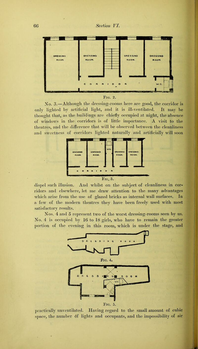 No. 3.— Although the dressing-rooms here are good, the corridor is only lighted by artificial light, and it is ill-ventilated. It may he thought that, as the buildings are chiefly occupied at night, the absence of windows in the corridors is of little importance. A visit to the theatres, and the difference that will be observed between the cleanliness and sweetness of corridors lighted naturally and artificially will soon dispel such illusion. And whilst on the subject of cleanliness in cor- ridors and elsewhere, let me draw attention to the many advantages which arise from the use of glazed bricks as internal wall surfaces. In a few of the modern theatres they have been freely used with most satisfactory results. Nos. 4 and 5 represent two of the worst dressing-rooms seen by us. No. 4 is occupied by 16 to 18 girls, who have to remain the greater portion of the evening in this room, which is under the stage, and practically unventilated. Having regard to the small amount of cubic .space, the number (jf lights and occupants, and the impossibility of air