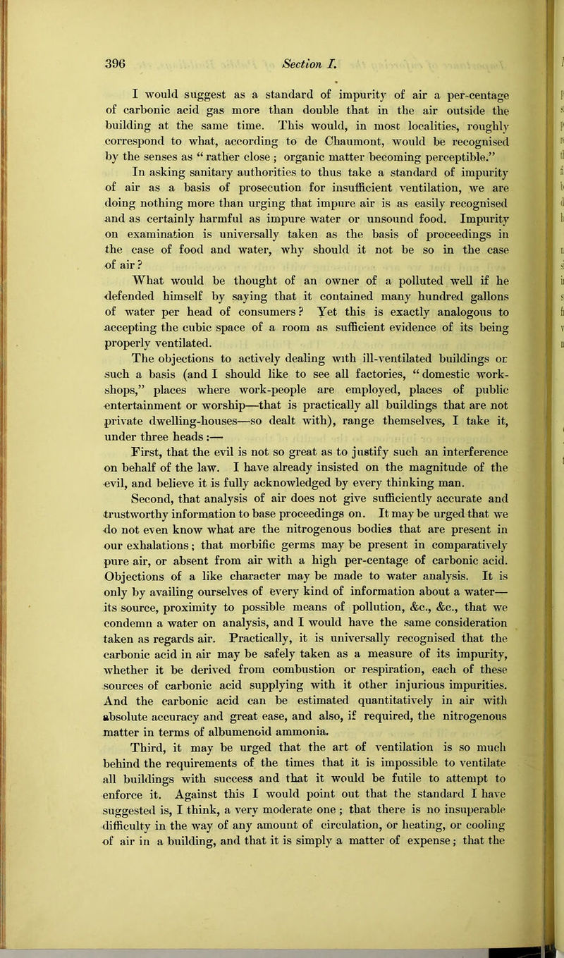 I would suggest as a standard of impurity of air a per-centage of carbonic acid gas more than double that in the air outside the building at the same time. This would, in most localities, roughly correspond to what, according to de Chaumont, would be recognised by the senses as “ rather close ; organic matter becoming perceptible.” In asking sanitary authorities to thus take a standard of impurity of air as a basis of prosecution for insufficient ventilation, we are doing nothing more than urging that impure air is as easily recognised and as certainly harmful as impure water or unsound food. Impurity on examination is universally taken as the basis of proceedings in the case of food and water, why should it not be so in the ease of air ? What would be thought of an owner of a polluted weU if he defended himself by saying that it contained many hundred gallons of water per head of consumers ? Yet this is exactly analogous to accepting the cubic space of a room as sufficient evidence of its being properly ventilated. The objections to actively dealing with ill-ventilated buildings or such a basis (and I should like to see all factories, “ domestic work- shops,” places where work-people are employed, places of public entertainment or worship—that is practically all buildings that are not private dwelling-houses—so dealt with), range themselves, I take it, under three heads :— First, that the evil is not so great as to justify such an interference on behalf of the law. I have already insisted on the magnitude of the «vil, and believe it is fully acknowledged by every thinking man. Second, that analysis of air does not give sufficiently accurate and trustworthy information to base proceedings on. It may be urged that we do not even know what are the nitrogenous bodies that are present in our exhalations; that morbific germs may be present in comparatively pure air, or absent from air with a high per-centage of carbonic acid. Objections of a like character may be made to water analysis. It is only by availing ourselves of every kind of information about a water— its source, proximity to possible means of pollution, &c., &c., that we condemn a water on analysis, and I would have the .same consideration taken as regards air. Practically, it is universally recognised that the carbonic acid in air may be safely taken as a measure of its impurity, whether it be derived from combustion or respiration, each of these sources of carbonic acid supplying with it other injurious impurities. And the carbonic acid can be estimated quantitatively in air with absolute accuracy and great ease, and also, if required, the nitrogenous matter in terms of albumenoid ammonia. Third, it may be urged that the art of ventilation is so much behind the requirements of the times that it is impossible to ventilate all buildings with success and that it would be futile to attempt to enforce it. Against this I would point out that the standard I have suggested is, I think, a very moderate one ; that there is no insuperable difficulty in the way of any amount of circulation, or heating, or cooling of air in a building, and that it is simply a matter of expense; that the