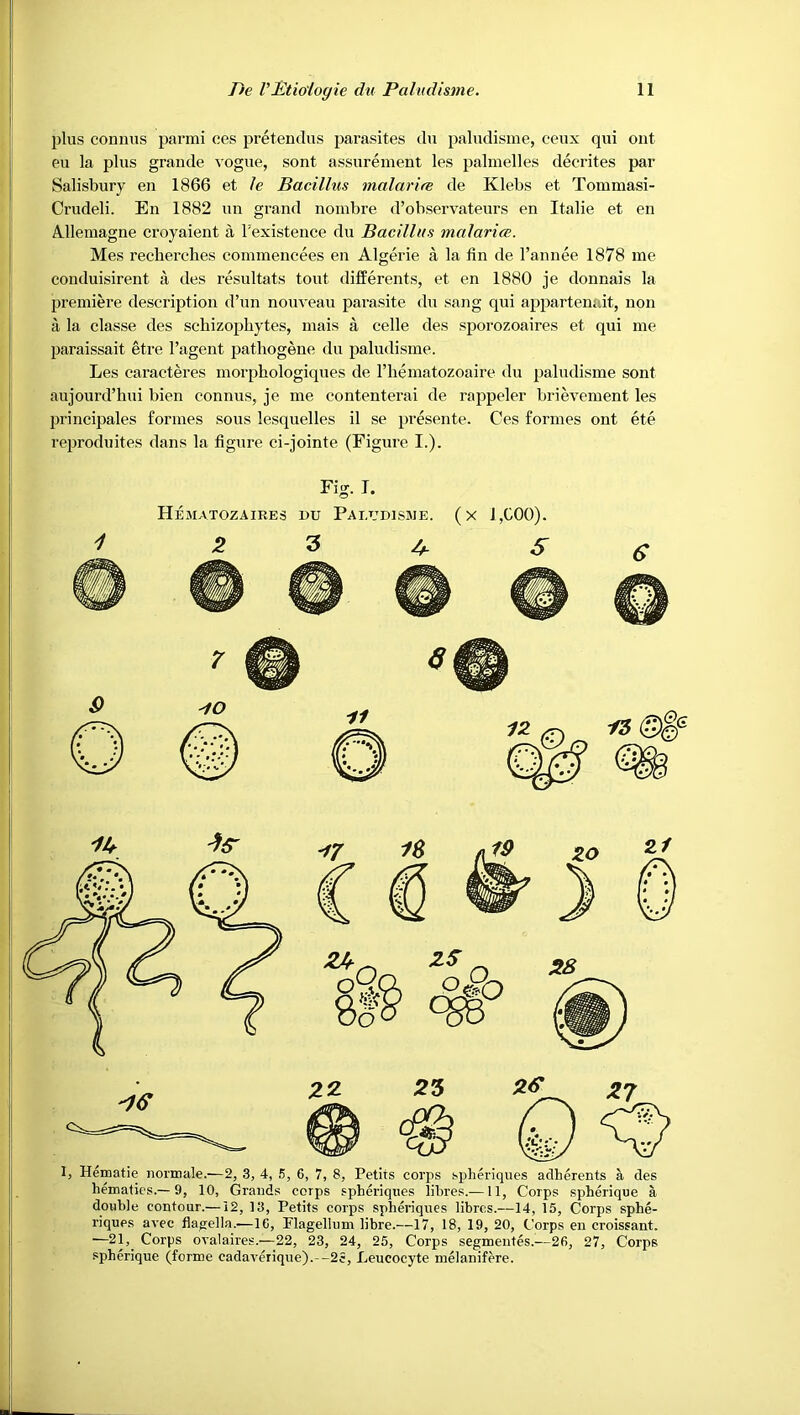 plus connus parmi ces pretendus parasites du paludisme, ceux qui out eu la plus grande vogue, sont assurement les palmelles decrites par Salisbury en 1866 et Je Bacillus malarire de Klebs et Tommasi- Crudeli. En 1882 un grand noinbre d’observateurs en Italie et en A.llemagne croyaient a Texistence du Bacillus malarice. Mes recberches eommencees en Algerie a la fin de I’annee 1878 me conduisirent a des resultats tout differents, et en 1880 je donnais la premiere description d’un nouveau parasite du sang qui appartenait, non a la classe des schizophytes, mais a celle des sporozoaires et qui me paraissait etre I’agent pathogene du paludisme. Les caracteres morphologiques de I’liematozoaire du paludisme sont aujourd’hui bien connus, je me contenterai de rappeler brievement les principales formes sous lesquelles il se presente. Ces formes ont ete reproduites dans la figure ei-jointe (Figure I.). Fig. I. HeMATOZAIRES 1)U Pai.tjdiswe. (x 1,000). I, Hematie noimale.—2, 3, 4, 5, 6, 7, 8, Petits corps spheriques adherents a des hematics.— 9, 10, Grands corps spheriques libres.— II, Corps spherique a double contour.—12, 13, Petits corps sphen’ques libres.—14, 15, Corps sphe- riqups avec flaprella..—16, Flagellum libre.—17, 18, 19, 20, Corps en croissant. —Corps ovalaires.—22, 23, 24, 25, Corps segmentes.—26, 27, Corps spherique (forme cadaverique).--2S, Leucocyte melanifere.