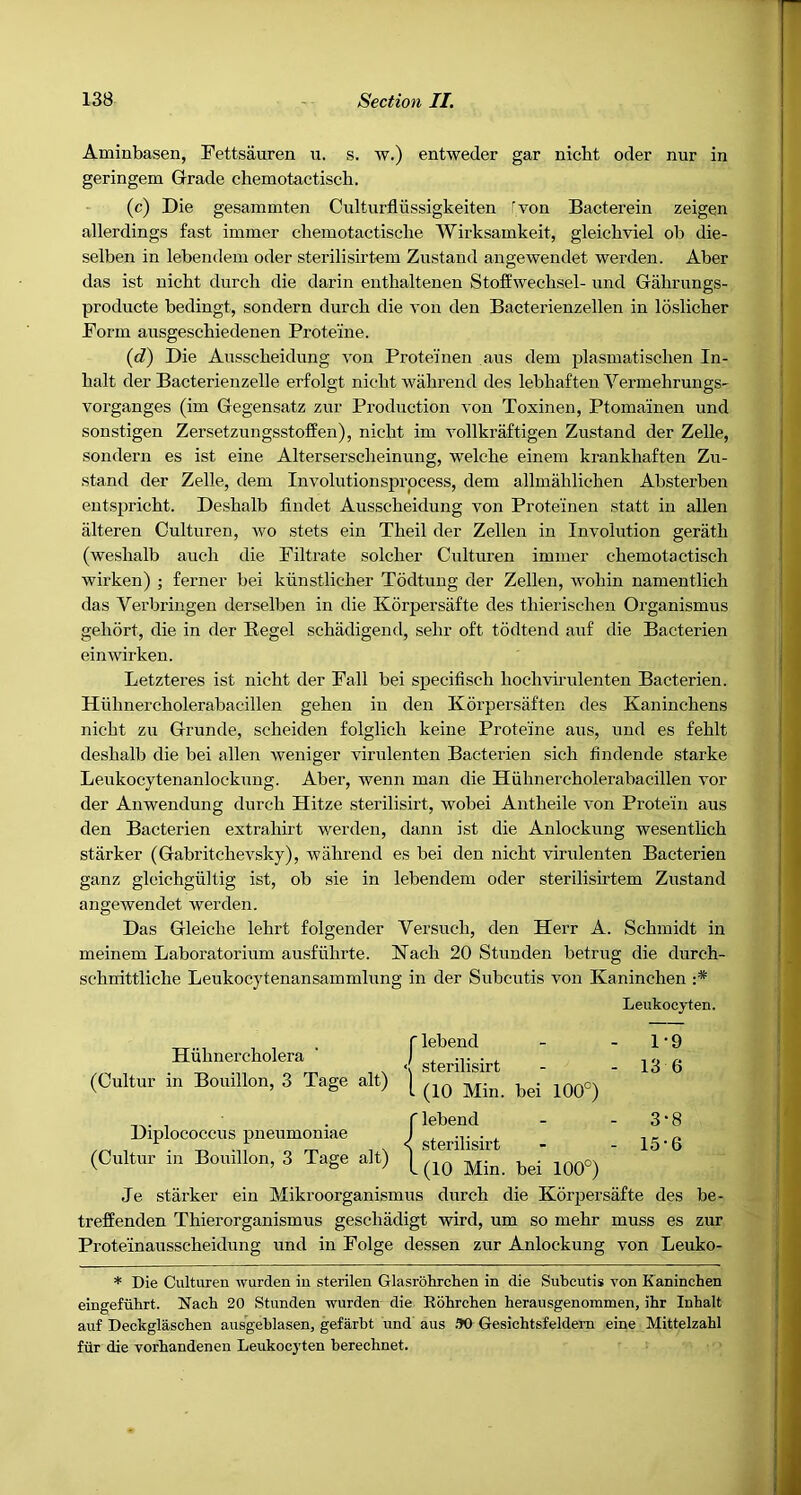 Aminbasen, Fettsauren u. s. w.) entweder gar nicht oder nur in geringem Grade chemotactiscb. (c) Die gesammten Culturfliissigkeiten 'von Bacterein zeigen allerdings fast immer chemotactisehe Wirksamkeit, gleicbviel ob die- selben in lebendem oder sterilisirtem Zustand angewendet werden. Aber das ist nicht durch die darin enthaltenen StofiEwechsel- und Gahrungs- producte bedingt, sondern durch die von den Bacterienzellen in Ibslicher Form ausgeschiedenen Proteine. (c?) Die Ausscheidung von Proteinen ans dem jdasmatischen In- halt der Bacterienzelle erfolgt nicht wahrend des lebhafteu Vermehrungs- vorganges (im Gegensatz zur Production von Toxinen, Ptomainen und sonstigen Zersetzungsstoffen), nicht im vollkraftigen Zustand der Zelle, sondern es ist eine Alterserscheinuug, welche einem krankhaften Zu- stand der Zelle, dem Involutionsprpcess, dem allmahlichen Absterben eutspricht. Deshalb findet Ausscheidung von Proteinen statt in alien alteren Culturen, avo stets ein Theil der Zellen in Involution gerath (weshalb auch die Filtrate soldier Culturen immer chemotactisch wirken) ; ferner bei kiinstlicher Todtuug der Zellen, wohin namentlich das Verbringen derselben in die Korpersafte des thierischen Organismus gehort, die in der Regel schadigend, sehr oft todtend auf die Bacterien einwirken. Letzteres ist nicht der Fall bei specifisch hochvirulenteu Bacterien. Huhnercholerabacillen gehen in den Korpersaften des Kaninchens nicht zu Grunde, scheiden folglich keine Proteine aus, und es fehlt deshalb die bei alien weniger virulenten Bacterien sich findende starke Leukocytenanlockung. Aber, wenn man die Huhnercholerabacillen vor der Anwendung durch Hitze sterilisirt, wobei Antheile von Protein aus den Bacterien extrahirt werden, dann ist die Anlockung wesentlich starker (Gabritchevsky), wahrend es bei den nicht virulenten Bacterien ganz gleichgiiltig ist, ob sie in lebendem oder sterilisirtem Zustand angewendet werden. Das Gleiche lehrt folgender Versuch, den Herr A. Schmidt in meinem Laboratorium ausfiihrte. Hach 20 Stunden betrug die durch- schnittliche Leukocytenansammlung in der Subcutis von Kaninchen :* Leukocyten. Huhnercholera (Cultur in Bouillon, 3 Tage alt) Diplococcus pneumoniae (Cultur in Bouillon, 3 Tage alt) r lebend - - 1 • 9 sterilisirt - - 13 6 I (10 Min. bei 100°) C lebend - - 3 • 8 < sterilisirt - - 15‘6 1(10 Min. bei 100°) Je starker ein Mikroorganismus durch die Korpersafte des be- trefPenden Thierorganismus geschadigt wird, um so mehr muss es zur Proteinausscheidung und in Folge dessen zur Anlockung von Leuko- * Die Culturen warden in sterilen Glasrohrchen in die Subcutis von Kaninchen eingefiibrt. Nach 20 Stunden warden die Eohrchen herausgenommen, ihr Inhalt auf Deckglaschen ausgeblasen, gefarht und aus iJO Gesichtsfeldern eine Mittelzahl ftir die vorhandenen Leukocyten herechnet.