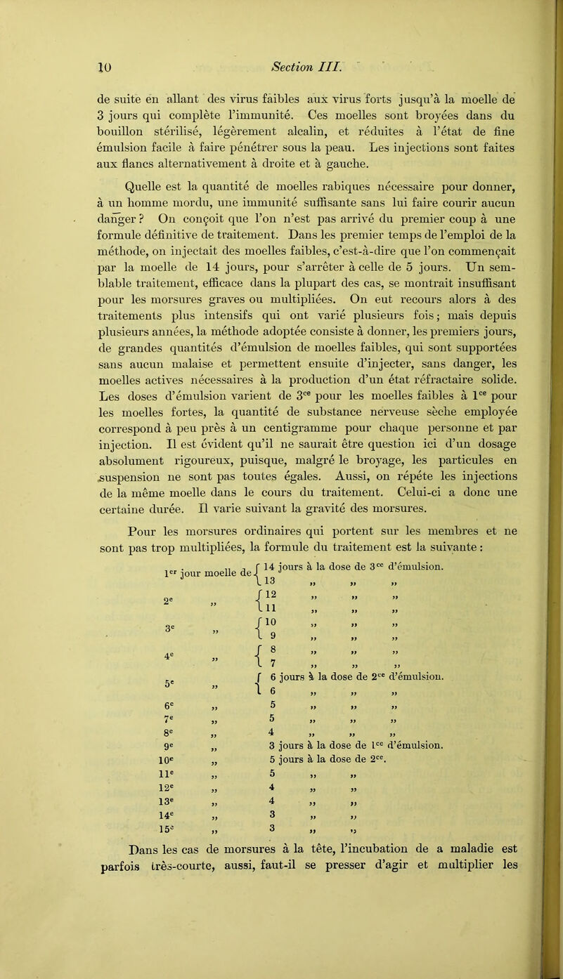 de suite en allant des virus faibles aux virus forts jusqu’a la moelle de 3 jours qui compile rimmunite. Ces moelles sont broyees dans du bouillon sterilise, legerement alcalin, et reduites a I’etat de fine emulsion facile a faire penetrer sous la peau. Les injections sont faites aux flancs alternativement a droite et a gauche. Quelle est la quantite de moelles rabiques necessaire pour donner, a un homme mordu, une immunite suffisante sans lui faire courir aucun danger ? On con9oit que Ton n’est pas arrive du premier coup a une formule definitive de traitement. Dans les premier temps de I’emploi de la methode, on injectait des moelles faibles, c’est-a-dire que Ton commen^ait par la moelle de 14 jours, pour s’arreter a celle de 5 jours. Un sem- blable traitement, efficace dans la plupart des cas, se montrait insuffisant pour les morsures graves ou multipliees. On eut recours alors a des traitements plus intensifs qui ont varie plusieurs fois; mais depuis plusieurs annees, la methode adoptee consiste a donner, les premiers jours, de grandes quantites d’emulsion de moelles faibles, qui sont supportees sans aucun malaise et permettent ensuite d’injecter, sans danger, les moelles actives necessaires a la production d’un etat refractaire solide. Les doses d’emulsion varient de 3'® pour les moelles faibles a 1®® pour les moelles fortes, la quantite de substance nerveuse seche employee correspond a peu pres a un centigramme pour chaque personne et par injection. II est evident qu’il ne saurait etre question ici d’un dosage absolument rigoureux, puisque, malgre le broyage, les particules en .suspension ne sont pas toutes egales. Aussi, on repete les injections de la meme moelle dans le cours du traitement. Celui-ci a done une certaine duree. II varie suivant la gravite des morsures. Pour les morsures ordinaires qui portent sur les membres et ne sont pas trop multipliees, la formule du traitement est la suiyante: 1®’’ jour 2® 4® 6® 7 8' 9® 10* 11* 12* 13* 14* 15* ,, j f 14 lours a la dose de 3** d’emulsion. moelle del ^ 113 / 12 111 f 10 I 9 / 8 „ „ I 7 f 6 jours h la dose de 2** d’emulsiou. I 6 „ „ 5 „ tt 5 t) „ 4 ,, >7 3 jours ^ la dose de I** d’emulsion. 5 jours £l la dose de 2**. 5 >) >i 4 j) » 4 )> » 3 j> >) 3 71 77 Dans les cas de morsures a la tete, I’incubation de a maladie est parfois tres-courte, aussi, faut-il se presser d’agir et multiplier les