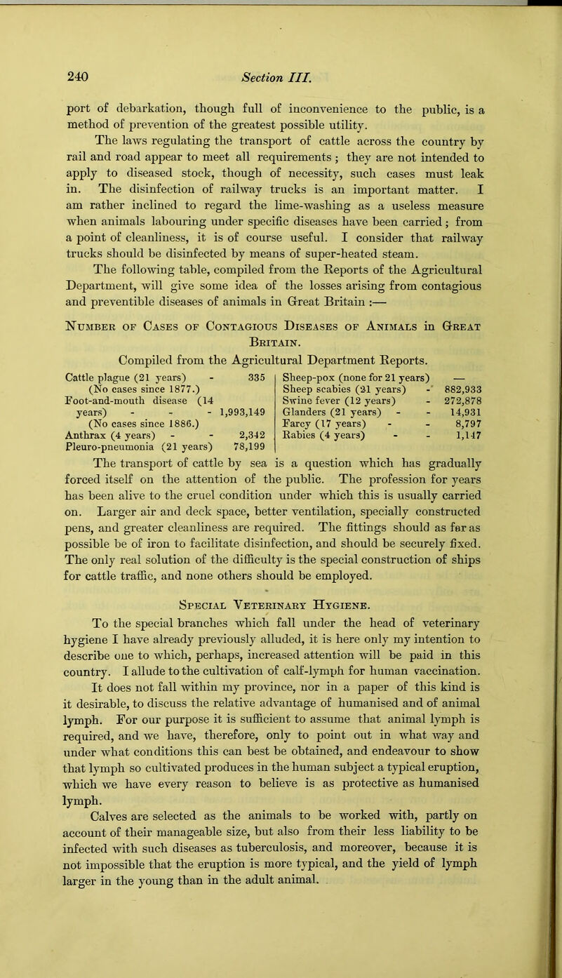 port of debarkation, though full of inconvenience to the public, is a method of prevention of the greatest possible utility. The laws regulating the transport of cattle across the country by rail and road appear to meet all requirements ; they are not intended to apply to diseased stock, though of necessity, such cases must leak in. The disinfection of railway trucks is an important matter. I am rather inclined to regard the lime-washing as a useless measure when animals labouring under specific diseases have been carried; from a point of cleanliness, it is of course useful. I consider that railway trucks should be disinfected by means of super-heated steam. The following table, compiled from the Reports of the Agricultural Department, will give some idea of the losses arising from contagious and preventible diseases of animals in Great Britain :— Number of Cases of Contagious Diseases of Animals in Great Britain. Compiled from the Agricultural Department Reports. Cattle plague (21 years) - 335 (No cases since 1877.) Foot-and-mouth disease (14 years) - . - 1,993,149 (No cases since 1886.) Anthrax (4 years) - - 2,342 Pleuro-pneumonia (21 years) 78,199 Sheep-pox (none for 21 years) Sheep scabies (21 years) Swine fever (12 years) Glanders (21 years) Farcy (17 years) Eabies (4 years) 882,933 272,878 14,931 8,797 1,147 The transport of cattle by sea is a question which has gradually forced itself on the attention of the public. The profession for years has been alive to the cruel condition under which this is usually carried on. Larger air and deck space, better ventilation, specially constructed pens, and greater cleanliness are required. The fittings should as far as possible be of iron to facilitate disinfection, and should be securely fixed. The only real solution of the difficulty is the special construction of ships for cattle traffic, and none others should be employed. Special Veterinary Hygiene. To the special branches which fall under the head of veterinary hygiene I have already previously alluded, it is here only my intention to describe one to which, perhaps, increased attention will be paid in this country. I allude to the cultivation of calf-lymph for human vaccination. It does not fall within my province, nor in a paper of this kind is it desirable, to discuss the relative advantage of humanised and of animal lymph. For our purpose it is suflicient to assume that animal lymph is required, and we have, therefore, only to point out in what way and under what conditions this can best be obtained, and endeavour to show that lymph so cultivated produces in the human subject a typical eruption, which we have every reason to believe is as protective as humanised lymph. Calves are selected as the animals to be worked with, partly on account of their manageable size, but also from their less liability to be infected with such diseases as tuberculosis, and moreover, because it is not impossible that the eruption is more typical, and the yield of lymph larger in the young than in the adult animal.