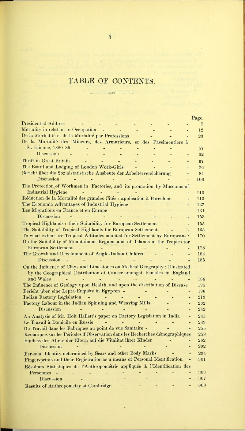 TABLE OE CONTENTS. Page. Presidential Address ... .7 Mortality in relation to Occupation 12 De la Morbidite et de la Mortalite par Professions - - - 23 De la Mortalite des Mineurs, des Armurieurs, et des Passimentiers a St. Etienne, 1880-89 57 Discussion - 62 Thrift in Great Britain . ..... -67 The Board and Lodging of London Work-Girls - - - - 76 Bericht -uber die Sozialstatistische Ausbeute der Arbeiterversicherung - 84 Discussion - - - - _ - _ 106 The Protection of Workmen in Factories, and its promotion by Museums of Industrial Hygiene - - - - - - -110 Eeduction de la Mortalite des grandes Cites : application a. Barcelone - 113 The Economic Advantages of Industrial Hygiene - . . 127 Les Migrations en France et en Europe - - - - 131 Discussion - - - - - - - - 153 Tropical Highlands: their Suitability for European Settlement - - 155 The Suitability of Tropical Highlands for European Settlement - - 165 To what extent are Tropical Altitudes adapted for Settlement by Europeans ? 170 On the Suitability of Mountainous Regions and of Islands in the Tropics for European Settlement - - - - - -178 The Growth and Development of Anglo-Indian Children - - . i84 Discussion ----- - - . 185 On the Influence of Clays and Limestones on Medical Geography : Illustrated by the Geographical Distribution of Cancer amongst Females in England and Wales .. 186 The Influence of Geology upon Health, and upon the distribution of Disease 195 Bericht iiber eine Lepra-Enquete in Egypten - - - - 196 Indian Factory Legislation ------- 219 Factory Labour in the Indian Spinning and Weaving Mills - - 232 Discussion 242 An Analysis of Mr. Holt Hallett’s paper on Factory Legislation in India - 245 Le Travail a Domicile en Eussie ...... 249 Du Travail dans les Fabriques au point do vue Sanitaire - - - 255 Eemarques sur les Periodes d’Observation dans les Recherches demographiques 258 Eipfluss des Alters der Eltern auf die Vitalitat ihrer Kinder - - 262 Discussion - _ _ _ - - 292 Personal Identity determined by Scars and other Body Marks - - 294 Finger-prints and their Registration as a means of Personal Identification - 301 Resultats Statistiques de I’Anthropometrie appliquee k ITdentification des Personnes -------- - 303 Discussion . - - - - 307 Results of Anthropometry at Cambridge ----- 308