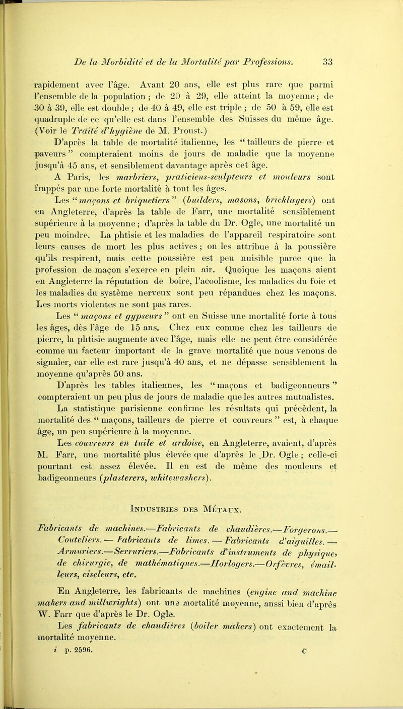 rapidement avec I’age. Avant 20 ans, elle est plus rare que parmi I’ensemble de la j^opulation ; de 20 a 29, elle atteint la moyeime; de 30 a 39, elle est double ; de 40 a 49, elle est triple ; de 50 a 59, elle est quadruple de ce qu’elle est dans I’ensemble des Suisses du meiue age. (Voir le Trade d'hygiene de M. Proust.) D’aprcs la table de mortalite italienne, les “ tailleurs de pierre et paveurs ” compteraient moins de jours de maladie que la moyenne jusqu’a 45 ans, et sensiblement davautage apres cet age. A Paris, les marbricrs, praticiens-smlpteurs et moult urs sont fra23pes jjar une forte mortalite a tout les ages. Les “ wtof0/2S hriquetiers” {builders, masons, bricklayers) ont en Angleterre, d’apres la table de Farr, une mortalite sensiblement superieure a la moyenne; d’ajrres la table du Dr. Ogle, une mortalite un 23eu moindre. La jjbtisie et les maladies de I’apjiareil respiratoire sont leurs causes de mort les plus actives; on les attribue a la jioussiere qu’ils respirent, mais cette poussiere est pen nuisible parce que la profession de macon s’exerce en j^lein air. Quoique les masons aient en Angleterre la reputation de boire, I’acoolisme, les maladies du foie et les maladies du systeme nerveux sont peu rejjandues cliez les ma9ons. Les morts violentes iie sont j)as rares. Les “ magons et gypseurs ” ont en Suisse une mortalite forte a tons les ages, des I’age de 15 ans. Cbez eux comme cliez les tailleurs de pierre, la pbtisie augmente avec I’age, mais elle ne pent etre cousideree comme uu facteur important de la grave mortalite que nous venous de signaler, car elle est rare jusqu’a 40 ans, et ne depasse sensiblement la moyenne qu’apres 50 ans. D’apres les tables italiennes, les “ masons et badigeonneurs ” compteraient un peu plus de jours de maladie que les autres mutualistes. La statist!que parisienne confirme les resultats qui precedent, la mortalite des “ ma9ons, tailleurs de jiierre et couvreurs ” est, a cliaque age, un peu suiierieure a la moyenne. Les couvreurs en tuile et ardoise, en Angleterre, avaient, d’ajires M. Farr, une mortalite plus elevee que d’apres le .Dr. Ogle ; celle-ci pourtant est assez elevee. II en est de meme des mouleurs et badigeonneurs {plasterers, whitewashers). Industries des Metaux. Fabricants de machines.—Fabricants de chaudieres.—Forgerons. Couteliers.— fabricants de limes. — Fabricants d’aiguilles. Arniuriers.—Serruriers.—Fabricants d'instruments de physique^ de chirurgic, de mathematiques.—Horlogers.— Orfevres, nnaiU leurs, ciseleurs, etc. En Angleterre. les fabricants de machines {engine and machine makers and millwrights) ont une aiortalite moyenne, anssi bien d’apres W. Farr que d’apres le Dr. Ogle, Les fabricants de chaudisres {boiler makers) out exactement la mortalite moyenne. i p. 2596. c