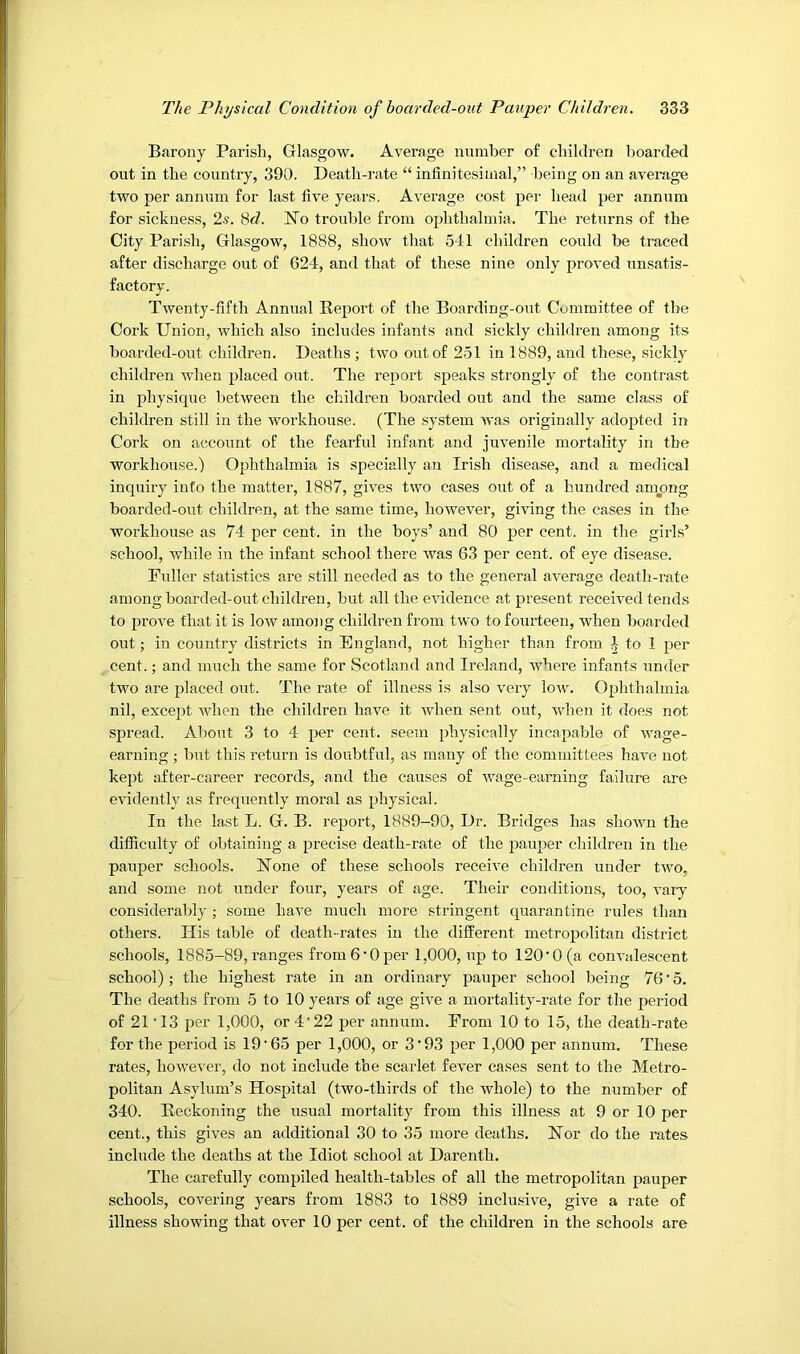 Bfirony Parish, Glasgow. Average number of children boarded out in the country, 390. Death-rate “ infinitesimal,” being on an average two per anm;m for last five years, Average cost per head per annum for sickness, ‘Is. 8rf. ISTo trouble from ophthalmia. The returns of the City Parish, Glasgow, 1888, show that 541 children could be traced after discharge out of 624, and that of these nine only proved unsatis- factory. Twenty-fifth Annual Report of the Boarding-out Committee of the Cork Union, which also includes infants and sickly children among its boarded-out children. Deaths ; two out of 251 in 1889, and these, sickly children when placed out. The report speaks strongly of the contrast in physique between the children boarded out and the same class of children still in the workhouse. (The system was originally adopted in Cork on account of the fearful infant and juvenile mortality in the workhouse.) Ophthalmia is specially an Irish disease, and a medical inquiry into the matter, 1887, gives two cases out of a hundred among boarded-out children, at the same time, however, giving the eases in the workhouse as 74 per cent, in the boys’ and 80 per cent, in the girls’ school, while in the infant school there Avas 63 per cent, of eye disease. Fuller statistics are still needed as to the general aA-erage death-rate among boarded-out children, but all the cA’idence at present received tends to proA’e that it is Ioav among children from tAvo to fourteen, when boarded out; in country districts in England, not higher than from ^ to 1 per cent.; and much the same for Scotland and Ireland, where infants under two are placed out. The rate of illness is also Amry Ioav. Ophthalmia nil, except AAdien the children have it A\dien sent out, when it does not spread. About 3 to 4 per cent, seem physically incapable of AAvage- earning ; but this return is doubtful, as many of the committees have not kept after-career records, and the causes of Avage-earning failure are eAudently as frequently moral as physical. In the last L. G. B. report, 1889-90, Dr. Bridges has shoAvn the difficulty of obtaining a precise death-rate of the pauper children in the pauper schools. Uone of these schools receive children under tAAm. and some not under four, years of age. Their conditions, too, vary considerably ; some haA’e much more stringent quarantine rules than others. His table of death-rates in the different metropolitan district schools, 1885-89,ranges fromG’Oper 1,000, up to 120'0(a conAadescent school); the highest rate in an ordinary pauper school being 76'5. The deaths from 5 to 10 years of age give a mortality-rate for the period of 21‘13 per 1,000, or 4'22 per annum. From 10 to 15, the death-rate for the period is 19'65 per 1,000, or 3'93 per 1,000 per annum. These rates, howeA'er, do not include the scarlet feA’er cases sent to the Metro- politan Asylum’s Hospital (two-thirds of the Avhole) to the number of 340. Reckoning the usual mortality from this illness at 9 or 10 per cent., this gives an additional 30 to 35 more deaths. Hor do the rates include the deaths at the Idiot school at Darenth. The carefully compiled health-tables of all the metropolitan pauper schools, covering years from 1883 to 1889 inclusAe, give a rate of illness showing that OA’er 10 per cent, of the children in the schools are