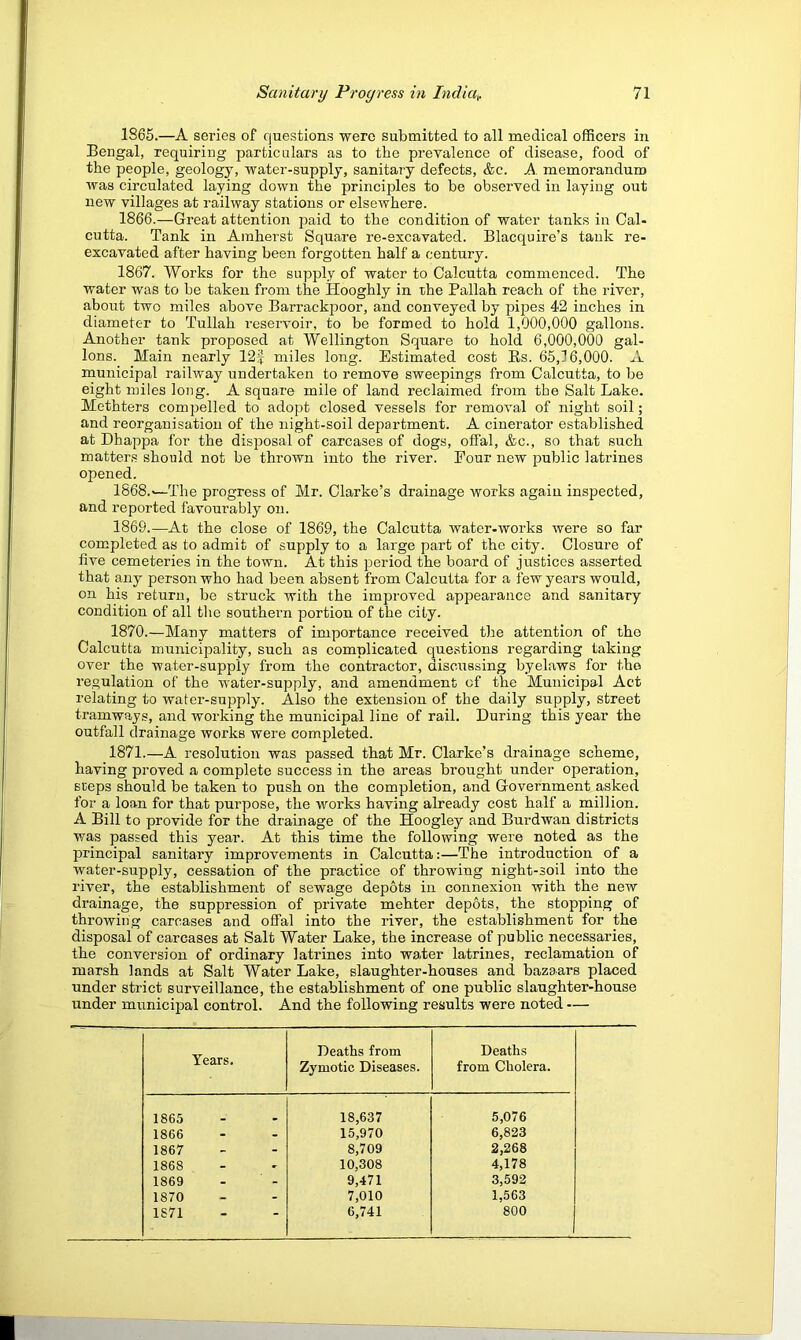 1865. —A series of questions were submitted to all medical officers in Bengal, requiring particulars as to the prevalence of disease, food of the people, geology, water-supply, sanitary defects, &c. A. memorandum was circulated laying down the principles to be observed in laying out new villages at railway stations or elsewhere. 1866. —Great attention paid to the condition of water tanks in Cal- cutta. Tank in Amherst Square re-excavated. Blacquire’s tank re- excavated after having been forgotten half a century. 1867. Works for the supply of water to Calcutta commenced. The water was to be taken from the Hooghly in the Pallah reach of the river, about two miles above Barrackj^oor, and conveyed by pipes 42 inches in diameter to Tullah reservoir, to be formed to hold 1,000,000 gallons. Another tank proposed at Wellington Square to hold 6,000,000 gal- lons. Main nearly 12J miles long. Estimated cost Rs. 65,16,000. A municipal railway undertaken to remove sweepings from Calcutta, to be eight miles long. A square mile of land reclaimed from the Salt Lake. Methters compelled to adopt closed vessels for removal of night soil; and reorganisation of the night-soil department. A cinerator established at Dhappa for the disposal of carcases of dogs, offal, &c., so that such matters should not be thrown into the river. Four new public latrines opened. 1868. —The progress of Mr. Clarke’s drainage works again inspected, and reported favourably on. 1869. —At the close of 1869, the Calcutta water-works were so far completed as to admit of supply to a large part of the city. Closure of five cemeteries in the town. At this period the board of justices asserted that any person who had been absent from Calcutta for a few years would, on his return, be struck with the improved appearance and sanitary condition of all the southern portion of the city. 1870. —Many matters of importance received the attention of the Calcutta municipality, such as complicated questions regarding taking over the water-supply from the contractor, discussing byelaws for the regulation of the water-supply, and amendment of the Municipal Act relating to water-supply. Also the extension of the daily supply, street tramways, and working the municipal line of rail. During this year the outfall drainage works were completed. 1871. —A resolution was passed that Mr. Clarke’s drainage scheme, having proved a complete success in the areas brought under operation, steps should be taken to push on the completion, and Government asked for a loan for that purpose, the works having already cost half a million. A Bill to provide for the drainage of the Hoogley and Burdwan districts was passed this year. At this time the following were noted as the principal sanitary improvements in Calcutta:—The introduction of a water-supply, cessation of the practice of throwing night-soil into the river, the establishment of sewage depots in connexion with the new drainage, the suppression of pidvate mehter depots, the stopping of throwing carcases and offal into the river, the establishment for the disposal of carcases at Salt Water Lake, the increase of public necessaries, the conversion of ordinary latrines into water latrines, reclamation of marsh lands at Salt Water Lake, slaughter-houses and bazaars placed under strict surveillance, the establishment of one public slaughter-house under municipal control. And the following results were noted — Years, Deaths from Zymotic Diseases. Deaths from Cholera. 1865 18,637 5,076 1866 - - 15,970 6,823 1867 - - 8,709 2,268 1868 - -- 10,308 4,178 1869 . - 9,471 3,592 1870 - - 7,010 1,563 1871 - - 6,741 800