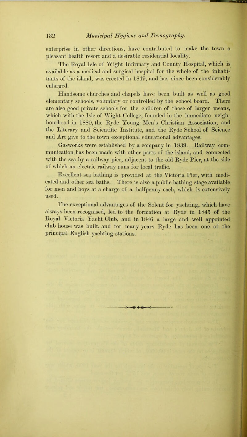 enterprise in other directions, have contributed to make the town a pleasant health resort and a desirable residential locality. The Eoyal Isle of Wight Infirmary and County Hospital, which is available as a medical and surgical hospital for the whole of the inhabi- tants of the island, was erected in 1849, and has since been considerably enlarged. Handsome churches and chapels have been built as well as good elementary schools, voluntary or controlled by the school board. There are also good jjrivate schools for the children of those of larger means, which with the Isle of Wight College, founded in the immediate neigh- bourhood in 1880, the Ryde Young Men’s Christian Association, and the Literary and Scientific Institute, and the Ryde School of Science and Art give to the town exceptional educational advantages. Gasworks were established by a company in 1839. Railway com- munication has been made with other parts of the island, and connected with the sea by a railway pier, adjacent to the old Ryde Pier, at the side of which an electric milway runs for local traffic. Excellent sea bathing is provided at the Victoria Pier, with medi- cated and other sea baths. There is also a public bathing stage available for men and boys at a charge of a halfpenny each, Avhich is extensively used. The exceptional advantages of the Solent for yachting, which have always been recognised, led to the formation at Ryde in 1845 of the Royal Victoria Yacht Club, and in 1846 a large and well appointed club house was built, and for many years Ryde has been one of the prii:cipal English yachting stations.