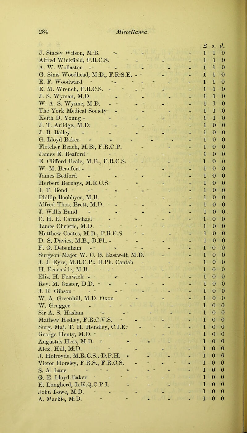 J. Stacey Wilson, MrB. Alfred Winkfield, F.E.C.S. A. W. Wollaston -- - G. Sims Woodhead, M.D., F.E.S.E. - ' E. F. Woodward - -- • - E. M. Wrench, F.E.O.S. - - - • J. S. Wyman, M.D. ' - W. A. S. Wynne, M.D. - - -  The York Medical Society Keith D. Young - - _ J. T. Arlidge, M.D; J. B. Bailey ... G. Lloyd Baker - . . Fletcher Beach, M.B., F.E.O.P. James E. Beaford E. Clifford Beale, M.B., F.E.C.S. W. M. Beaufort - - - James Bedford _ . . Herbert Bernays, M.E.C.S. J. T. Bond - ■ - ' Phillip Boobbyer, M.B. - Alfred Thos. Brett, M.D. - - J. Willis Bund C. H. E. Carmichael James Christie, M.D. ' - Matthew Coates, M.D., F.E.C.S. ' - D. S. Davies, M.B., D.Ph. - * - F. G. Debenham - - - ■ - Surgeon-Major W. C. B. Eastwelh, M.D. J. J. Eyre, M.E.C.P.-, D.Ph. Cantab - H. Fearnside, M.B. ■ - ‘ - Eliz. H. Fenwick - ' Eev. M. Gaster, D.D. ~ - ■ - J. E. Gibson - ■ - • W. A. Greenhill, M.D. Oxou ■ - W. Grugger - ' - ' - Sir A. S. Haslam Mathew Hedley, F.E.C.V.S. Surg.-Maj. T. H. Hendley, C.I.E.- George Hentj’“, M.D. '■ Augustus Hess, M.D. = - - Alex. Hill, M.D. J. Holroyde, M.E.C.S., D.P.H. - Victor Horsley, F.E.8., F.E.C.S. S. A. Lane - - - - G. E. Lloyd-Baker - . ' - - E. Longherd, L.K.Q.C.P.I. John Lowe, M.D. ■ - - A. Mackie, M.D. £ s. d. 110 110 110 110 1 1 0 110 110 1 1 0 110 110 10 0 1 0 0 10 0 10 0 10 0 10 0 10 0 10 0 1 0 0 10 0 1 0 0 1 0 0 10 0 1 0 0 1 0 0 10 0 1 0 0 10 0 1 0 0 10 0 10 0 10 0 10 0 10 0 10 0 1 0 0 10 0 1 0 0 10 0 10 0 10 0 1 0 0 10 0 10 0 10 0 10 0 1 0 0 10 0 10 0