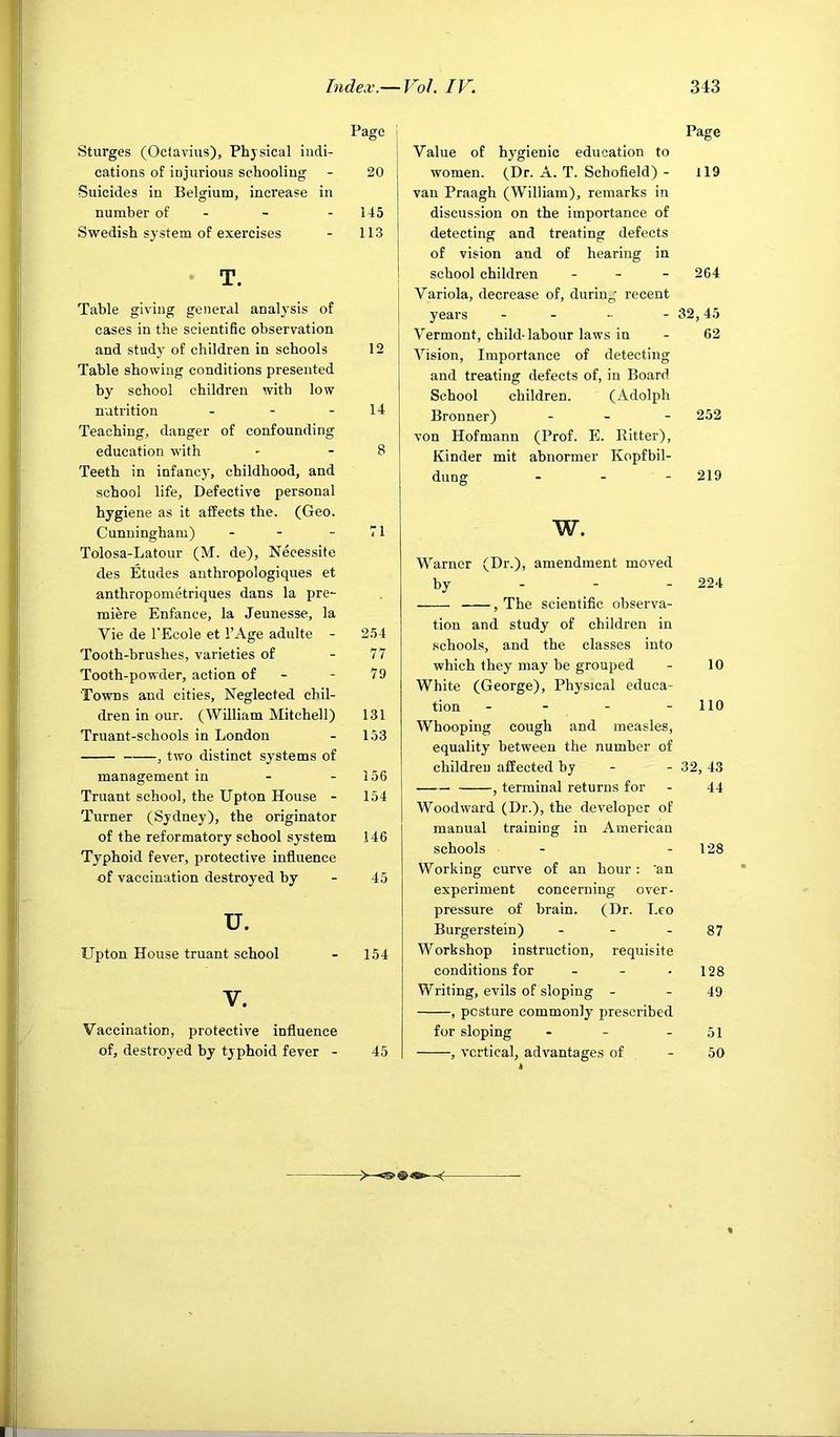 Page i Sturges (Octavius), Physical indi- cations of injurious schooling - 20 Suicides in Belgium, increase in number of - - - 145 Swedish system of exercises - 113 T. Table giving general analysis of cases in the scientific observation and study of children in schools 12 Table showing conditions presented by school children with low nutrition - - - 14 Teaching, danger of confounding education with - - 8 Teeth in infancy, childhood, and school life. Defective personal hygiene as it affects the. (Geo. Cunningham) - - - 71 Tolosa-Latour (M. de), Necessite des Etudes anthropologiques et anthropometriques dans la pre- miere Enfance, la Jeunesse, la Vie de I'Ecole et I’Age adulte - 254 Tooth-brushes, varieties of - 77 Tooth-powder, action of - - 79 Towns and cities. Neglected chil- dren in our. (William Mitchell) 131 Truant-schools in London - 153 , two distinct systems of management in - - 156 Truant school, the Upton House - 154 Turner (Sydney), the originator of the reformatory school system 146 Typhoid fever, protective influence of vaccination destroyed by - 45 u. Upton House truant school - 154 V. Vaccination, protective influence of, destroyed by typhoid fever - 45 Page Value of hygienic education to women. (Dr. A. T. Schofield) - 119 van Praagh (William), remarks in discussion on the importance of detecting and treating defects of vision and of hearing in school children . . - 264 Variola, decrease of, during recent years - - - 32,45 Vermont, child-labour laws in - 62 Vision, Importance of detecting and treating defects of, in Board School children. (Adolph Bronner) . _ - 252 von Hofmann (Prof. E. Ritter), Kinder mit abnormer Kopfbil- dung . - - 219 w. Warner (Dr.), amendment moved by - - - 224 , The scientific observa- tion and study of children in .schools, and the classes into which they may be grouped - 10 White (George), Physical educa- tion - - - - 110 Whooping cough and measles, equality between the number of children affected by - - 32,43 , terminal returns for - 44 Woodward (Dr.), the developer of manual training in American schools - - 128 Working curve of an hour: 'an experiment concerning over- pressure of brain. (Dr. Leo Burgerstein) - - - 87 Workshop instruction, requisite conditions for - - - 128 Writing, evils of sloping - - 49 , posture commonly prescribed for sloping - - - 51 , vertical, advantages of - 50 »