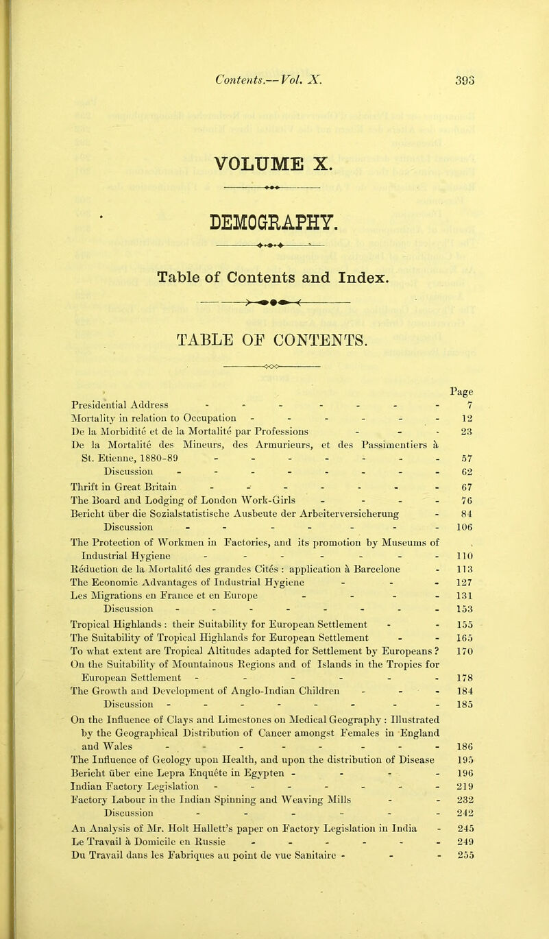 VOLUME X. DEMOGRAPHY. —=— Table of Contents and Index. TABLE OE CONTENTS. Page Presidential Address ... .7 Mortality in relation to Occupation - - - - - -12 lie la Morbidite et de la Mortalite par Professions - - - 23 De la Mortalite des Mineurs, des Armurieurs, et des Passimentiers a St. Etienne, 1880-89 ------- Discussion ......_.C2 Thrift in Great Britain - - - - - - - 67 The Board and Lodging of London Work-Girls - - - - 76 Bericht iiber die Sozialstatistische Ausbeute der Arbeiterversicherung - 84 Discussion - - - - - - -106 The Protection of Workmen in Eactories, and its promotion by Museums of Industrial Hygiene - - - - - - -110 Eeduction de la Mortalite des grandes Cites : application S, Barcelone - 113 The Economic Advantages of Industrial Hygiene - - - 127 Les Migrations en France et en Europe - - - - 131 Discussion - - - - - - - -153 Tropical Highlands: their Suitability for European Settlement - - 155 The Suitability of Tropical Highlands for European Settlement - - 165 To what extent are Tropical Altitudes adapted for Settlement by Europeans ? 170 On the Suitability of Mountainous Regions and of Islands in the Tropics for European Settlement ----.. 178 The Growth and Development of Anglo-Indian Children - - - 184 Discussion ----- - - - 185 On the Influence of Clays and Limestones on Medical Geography : Illustrated by the Geographical Distribution of Cancer amongst Females in England and Wales - - - - - - - - 186 The Influence of Geology upon Health, and upon the distribution of Disease 195 Bericht riber eine Lepra Enquete in Egypten . - - - 196 Indian Factory Legislation - - - - - - - 219 Factory Labour in the Indian Spinning and Weaving Mills - - 232 Discussion 242 An Analysis of Mr. Holt Hallett’s paper on Factory Legislation in India - 245 Le Travail ^ Domicile en Russie 249 Du Travail dans les Fabriques au point de viie Sanitaire - - - 255