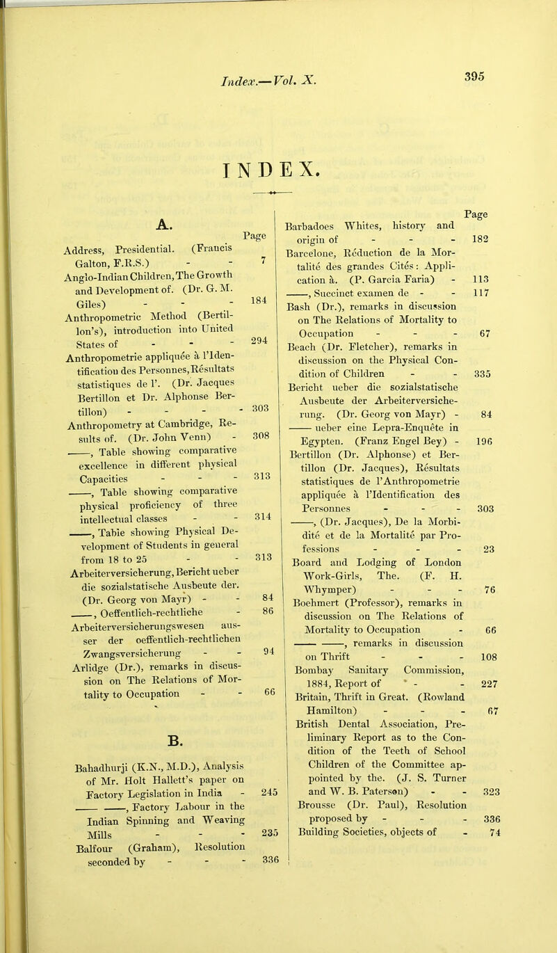 INDEX. A. Address, Presidential. (Francis Gallon, F.K.S.) Anglo-Indian Children, The Growth and Development of. (Dr. G. M. Giles) Anthropometric Method (Bertil- lon’s), introduction into United States of - - ■ Anthropometrie appliquee a ITden- tificatiou des Personnes,Eesultats statistiqnes de 1’. (Dr. Jacques Bertillon et Dr. Alphonse Ber- tillon) - - - ■ Anthropometry at Camhridge, Re- sults of. (Dr. John Venn) , Table showing comparative excellence in ditferent physical Capacities - -  ■ , Table showing comparative physical proficiency of three intellectual classes , Table showing Ph3'sical De- velopment of Students in general from 18 to 25 Arbeiterversicherung, Bericht ueber die sozialstatische Ausbeute der. (Dr. Georg von Mayr) - , Oeffentlich-rechtliche Page 7 184 294 ■ 303 308 313 314 313 84 86 Arbeiterversicherungswesen aus- ser der oeffentlich-rechtlichen Zwangsversicherung Arlidge (Dr.), remarks in discus- sion on The Relations of Mor- tality to Occupation B. Bahadhurji (K.N., M.D.), Analysis of Mr. Holt Hallett’s paper on Factory Legislation in India - 245 , Factory Labour in the Indian Spinning and Weaving Mills - - ■ 235 Balfour (Graham), Resolution seconded by - - - 336 Page Barbadoes Whites, history and origin of - - - 182 Barcelone, Reduction de la Mor- talite des grandes Cites: Appli- cation a. (P. Garcia Faria) - 113 , Succinct examen de - - 117 Bash (Dr.), remarks in discussion on The Relations of Mortality to Occupation - - - 67 Beach (Dr. Fletcher), remarks in discussion on the Physical Con- dition of Children - - 335 Bericht ueber die sozialstatische Ausbeute der Arheiterversiche- rung. (Dr. Georg von Mayr) - 84 ueber eine Lepra-Enquete in Egypten. (Franz Engel Bey) - 196 Bertillon (Dr. Alphonse) et Ber- tillon (Dr. Jacques), Resultats statistiques de 1’Anthropometrie appliquee a I’ldentification des Personnes . . _ 303 , (Dr. Jacques), De la Morbi- dite et de la Mortalite par Pro- fessions - - - 23 Board and Lodging of London Work-Girls, The. (F. H. Whymper) - - - 76 Boehmert (Professor), remarks in discussion on The Relations of Mortality to Occupation - 66 , remarks in discussion on Thrift . . _ jog Bombay Sanitary Commission, 1884, Report of * - - 227 Britain, Thrift in Great. (Rowland Hamilton) - - -67 British Dental Association, Pre- liminary Report as to the Con- dition of the Teeth of School Children of the Committee ap- pointed by the. (J. S. Turner and W. B. Paterson) - - 323 Brousse (Dr. Paul), Resolution proposed by - - - 336 Building Societies, objects of - 74