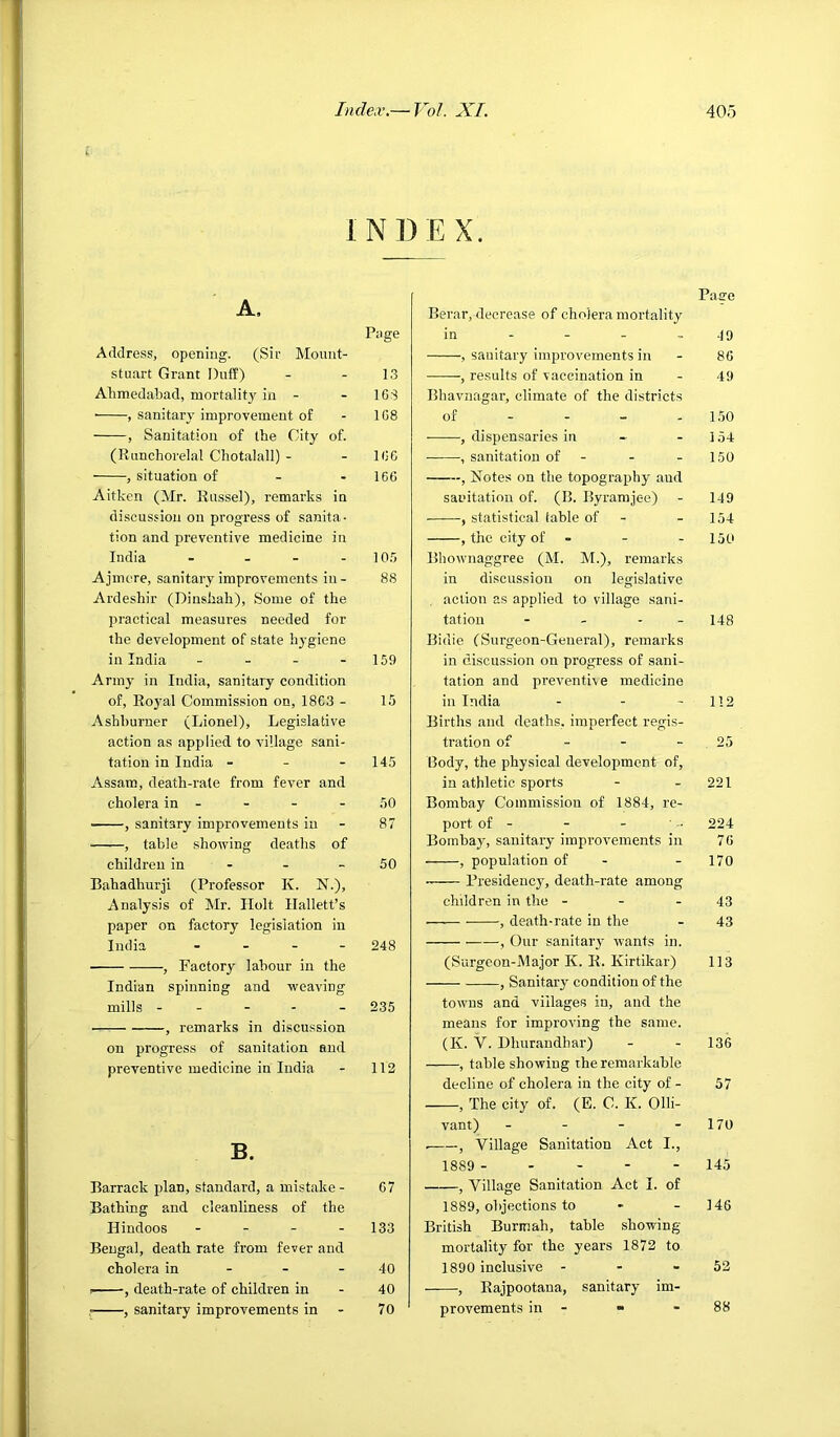INDEX. A, Piige Address, opening. (Sir Mount- stuart Grant Duff) - - 13 Ahmedabad, mortality in - - 163 ■ , sanitary improvement of - 168 , Sanitation of the City of. (Runchorelal Cbotalall) - - 166 , situation of - - 166 Aitken (Mr. Russel), remarks in discussion on progress of sanita- tion and preventive medicine in India - - - - lO.'i Ajinere, sanitary improvements in - 88 Ardeshir (Dinsbah), Some of the practical measures needed for the development of state hygiene in India - - - - 159 Arinj' in India, sanitary condition of. Royal Commission on, 1863 - 1.5 Ashhurner (Lionel), Legislative action as applied to village sani- tation in India - - - 145 Assam, death-rate from fever and cholera in - - - - 50 , sanitary improvements in - 87 , table showing deaths of children in - - - 50 Bahadhur]i (Professor K. N.), Analysis of Mr. Holt Ilallett’s paper on factory legislation in India . - - - 248 , Factory labour in the Indian spinning and weaving mills ----- 235 , remarks in discussion on progress of sanitation and preventive medicine in India - 112 B. Barrack plan, standard, a mistake- 67 Bathing and cleanliness of the Hindoos - - - - 133 Bengal, death rate from fever and cholera in - - - 40 , death-rate of children in - 40 , sanitary improvements in - 70 Pa are Berar, decrease of cholera mortality in - - - - 49 , sanitary improvements in - 86 , results of vaccination in - 49 Bhavnagar, climate of the districts of - - - - 150 , dispensaries in - - 154 , sanitation of - - - 150 , Notes on the topography and sanitation of. (B. Byramjee) - 149 , statistical table of - - 154 , the city of - - - 150 Bhownaggree (M. M.), remarks in discussion on legislative action as applied to village sani- tation - - - - 148 Bidie (Surgeon-General), remarks in discussion on progress of sani- tation and preventive medicine in India - - - 112 Births and deaths, imperfect regis- tration of - - - 25 Body, the physical development of, in athletic sports - - 221 Bombay Commission of 1884, re- port of - - - ■ 224 Bombay, sanitary improv'ements in 76 , population of - - 170 Presidency, death-rate among children in the - - - 43 , death-rate in the - 43 , Our sanitary wants in. (Surgeon-Major K. R. Kirtikar) 113 , Sanitary condition of the towns and villages in, and the means for improving the same. (K. V. Dhurandhar) - - 136 , table showing the remarkable decline of cholera in the city of - 57 , The city of. (E. C. K. Olli- vant) - - - - 170 , Village Sanitation Act I., 1889 145 , Village Sanitation Act I. of 1889, objections to - - 146 British Burmah, table showing- mortality for the years 1872 to 1890 inclusive - - - 52 , Rajpootana, sanitary im- provements in -  - 88
