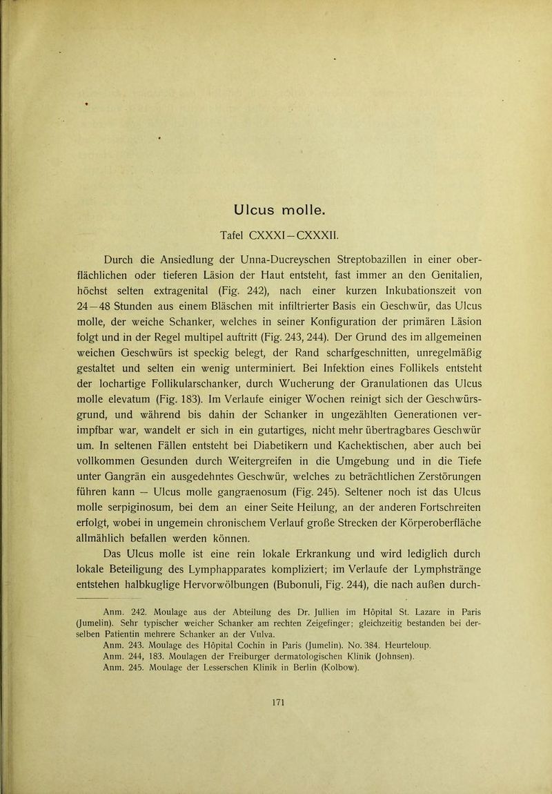 Ulcus molle. Tafel CXXXI-CXXXII. Durch die Ansiedlung der Unna-Ducreyschen Streptobazillen in einer ober- flächlichen oder tieferen Läsion der Haut entsteht, fast immer an den Genitalien, höchst selten extragenital (Fig. 242), nach einer kurzen Inkubationszeit von 24 — 48 Stunden aus einem Bläschen mit infiltrierter Basis ein Geschwür, das Ulcus molle, der weiche Schanker, welches in seiner Konfiguration der primären Läsion folgt und in der Regel multipel auftritt (Fig. 243, 244). Der Grund des im allgemeinen weichen Geschwürs ist speckig belegt, der Rand scharfgeschnitten, unregelmäßig gestaltet und selten ein wenig unterminiert. Bei Infektion eines Follikels entsteht der lochartige Follikularschanker, durch Wucherung der Granulationen das Ulcus molle elevatum (Fig. 183). Im Verlaufe einiger Wochen reinigt sich der Geschwürs- grund, und während bis dahin der Schanker in ungezählten Generationen ver- impfbar war, wandelt er sich in ein gutartiges, nicht mehr übertragbares Geschwür um. In seltenen Fällen entsteht bei Diabetikern und Kachektischen, aber auch bei vollkommen Gesunden durch Weitergreifen in die Umgebung und in die Tiefe unter Gangrän ein ausgedehntes Geschwür, welches zu beträchtlichen Zerstörungen führen kann — Ulcus molle gangraenosum (Fig. 245). Seltener noch ist das Ulcus molle serpiginosum, bei dem an einer Seite Heilung, an der anderen Fortschreiten erfolgt, wobei in ungemein chronischem Verlauf große Strecken der Körperoberfläche allmählich befallen werden können. Das Ulcus molle ist eine rein lokale Erkrankung und wird lediglich durch lokale Beteiligung des Lymphapparates kompliziert; im Verlaufe der Lymphstränge entstehen halbkuglige Hervorwölbungen (Bubonuli, Fig. 244), die nach außen durch- Anm. 242. Moulage aus der Abteilung des Dr. Jullien im Höpital St. Lazare in Paris (Jumelin). Sehr typischer weicher Schanker am rechten Zeigefinger; gleichzeitig bestanden bei der- selben Patientin mehrere Schanker an der Vulva. Anm. 243. Moulage des Höpital Cochin in Paris (Jumelin). No. 384. Heurteloup. Anm. 244, 183. Moulagen der Freiburger dermatologischen Klinik (Johnsen). Anm. 245. Moulage der Lesserschen Klinik in Berlin (Kolbow).