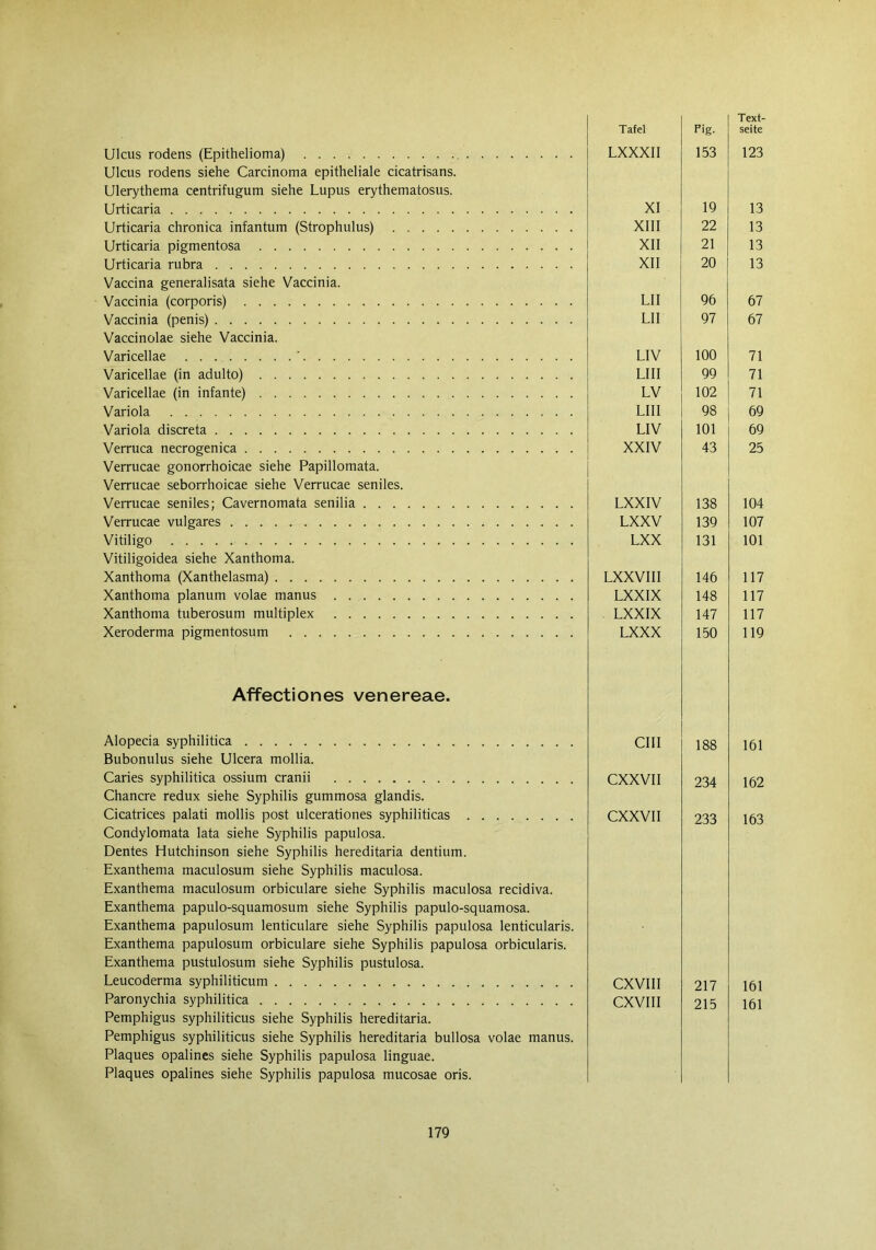 Tafel Fig. Ulcus rodens (Epithelioma) Ulcus rodens siehe Carcinoma epitheliale cicatrisans. LXXXII 153 Ulerythema centrifugum siehe Lupus erythematosus. Urticaria XI 19 Urticaria chronica infantum (Strophulus) XIII 22 Urticaria pigmentosa XII 21 Urticaria rubra XII 20 Vaccina generalisata siehe Vaccinia. Vaccinia (corporis) LII 96 Vaccinia (penis) Vaccinolae siehe Vaccinia. LII 97 Varicellae ' LIV 100 Varicellae (in adulto) LIII 99 Varicellae (in infante) LV 102 Variola LIII 98 Variola discreta LIV 101 Verruca necrogenica Verrucae gonorrhoicae siehe Papillomata. Verrucae seborrhoicae siehe Verrucae seniles. XXIV 43 Verrucae seniles; Cavernomata senilia LXXIV 138 Verrucae vulgares LXXV 139 Vitiligo Vitiligoidea siehe Xanthoma. LXX 131 Xanthoma (Xanthelasma) LXXVIII 146 Xanthoma planum volae manus LXX IX 148 Xanthoma tuberosum multiplex LXXIX 147 Xeroderma pigmentosum LXXX 150 Affectiones venereae. Alopecia syphilitica Bubonulus siehe Ulcera mollia. cm 188 Caries syphilitica ossium cranii CXXVII 234 Chancre redux siehe Syphilis gummosa glandis. Cicatrices palati mollis post ulcerationes syphiliticas Condylomata lata siehe Syphilis papulosa. Dentes Hutchinson siehe Syphilis hereditaria dentium. Exanthema maculosum siehe Syphilis maculosa. Exanthema maculosum orbiculare siehe Syphilis maculosa recidiva. Exanthema papulo-squamosum siehe Syphilis papulo-squamosa. Exanthema papulosum lenticulare siehe Syphilis papulosa lenticularis. CXXVII 233 Exanthema papulosum orbiculare siehe Syphilis papulosa orbicularis. Exanthema pustulosum siehe Syphilis pustulosa. Leucoderma syphiliticum CXVIII 217 Paronychia syphilitica Pemphigus syphiliticus siehe Syphilis hereditaria. Pemphigus syphiliticus siehe Syphilis hereditaria bullosa volae manus. Plaques opalines siehe Syphilis papulosa linguae. Plaques opalines siehe Syphilis papulosa mucosae oris. CXVIII 215 Text- seite 123 13 13 13 13 67 67 71 71 71 69 69 25 104 107 101 117 117 117 119 161 162 163 161 161