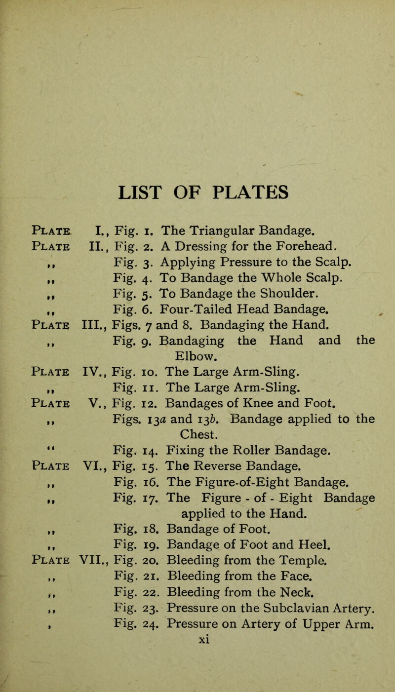 LIST OF PLATES Plate I., Fig. i. The Triangular Bandage. Plate II., Fig. 2. A Dressing for the Forehead. ,, Fig. 3. Applying Pressure to the Scalp. ,, Fig. 4. To Bandage the Whole Scalp. ,, Fig. 5. To Bandage the Shoulder. ,, Fig. 6. Four-Tailed Head Bandage. Plate III., Figs. 7 and 8. Bandaging the Hand. ,, Fig. 9. Bandaging the Hand and the Elbow. Plate IV., Fig. 10. The Large Arm-Sling. ,, Fig. II. The Large Arm-Sling. Plate V., Fig. 12. Bandages of Knee and Foot. ,, Figs. 13a and 13&. Bandage applied to the Chest. “ Fig. 14. Fixing the Roller Bandage. Plate VI., Fig. 15. The Reverse Bandage. ,, Fig. 16. The Figure-of-Eight Bandage. ,, Fig. 17. The Figure - of - Eight Bandage applied to the Hand. ,, Fig. 18. Bandage of Foot. ,, Fig. 19. Bandage of Foot and Heel. Plate VII., Fig. 20. Bleeding from the Temple. ,, Fig. 21. Bleeding from the Face. ,, Fig. 22. Bleeding from the Neck. ,, Fig. 23. Pressure on the Subclavian Artery. , Fig. 24. Pressure on Artery of Upper Arm.