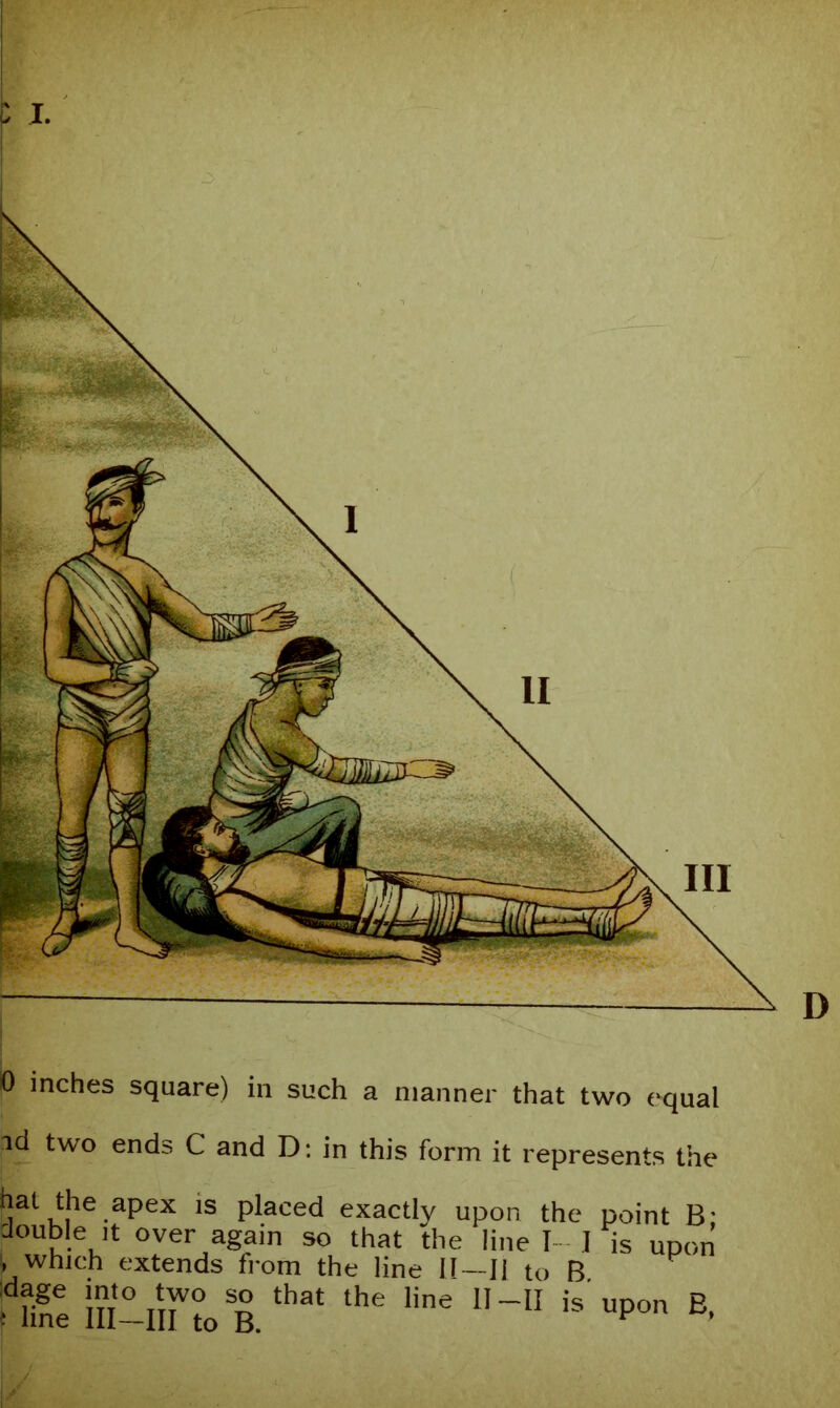 p I- D 0 inches square) in such a manner that two equal id two ends C and D; in this form it represents the hat the apex is placed exactly upon the point B- double It over again so that the line I 1 is upon .which extends from the line II—11 to B ■Z,