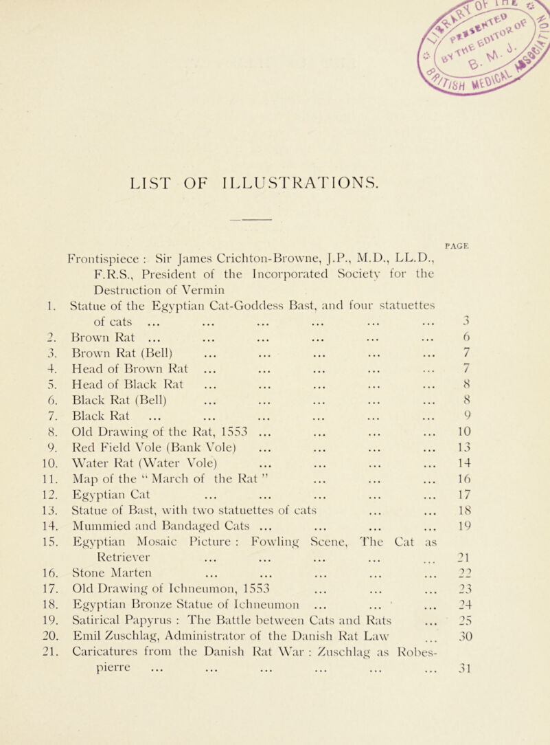 PAGE Frontispiece : Sir James Crichton-Browne, J.P., M.D., LL.D., F.R.S., President of the Incorporated Society for the Destruction of Vermin 1. Statue of the Egyptian Cat-Goddess Bast, and four statuettes of cats • • • • • • 3 ? Brown Rat ... • • • • • • 6 n J. Brown Rat (Bell) • • • • • • 7 4. Head of Brown Rat • • • • • • 7 5. Head of Black Rat • • • • • • 8 6. Black Rat (Bell) • • • • • • 8 7. Black Rat • • • • • • 9 8. Old Drawing of the Rat, 1553 ... • • • • • • 10 9. Red Field Vole (Bank Vole) • • • • • • 13 10. Water Rat (Water Vole) • • • • • • 14 11. Map of the u March of the Rat ” • • • • • • 16 12. Egyptian Cat • • • • • • 17 13. Statue of Bast, with two statuettes of cr its • • • 18 14. Mummied and Bandaged Cats ... • • • • • • 19 15. Egyptian Mosaic Picture : Fowling Scene, The Cat as Retriever • • • • • • 21 16. Stone Marten • • • • • • 11 17. Old Drawing of Ichneumon, 1553 • • • • • • 23 18. Egyptian Bronze Statue of Ichneumon • • • • • • 24 19. Satirical Papyrus : The Battle between Cats and Rats 25 20. Emil Zuschlag, Administrator of the Di mish Rat Law 30 21. Caricatures from the Danish Rat War : Zuschki Lg as Robes- pierre 31