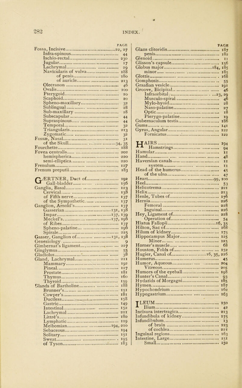 PAGE Fossa, Incisive 22, 27 Infra-spinous 44 Ischio-rectal 230 Jugular 17 Lachrymal 29 Navicularis of vulva 188 of penis 180 of auricle 213 Olecranon 46 Ovalis 100 Pterygoid 20 Scaphoid 20 Spheno-maxillary 32 Sublingual 28 Sub-maxillary 28 Subscapular 44 Supraspinous 44 Temporal 32 Triangularis 213 Zygomatic 32 Fossae, Nasal 31 of the Skull 34, 35 Fourchette 188 Fovea centralis 202 hemispherica 220 semi-elliptica 220 Frenulum 127 Frenum preputii 183 GvERTNER, Duct of. Gall-bladder Ganglia, Basal Cervical of Fifth nerve of the Sympathetic.. Ganglion, Arnold’s Gasserian Impar Meckel’s .. of Ribes Spheno-palatine Spirale Gasser, Ganglion of Genesiology Gimbernat’s ligament Ginglymus Gladiolus ... Gland, Lachrymal Mammary Pineal Prostate Thymus Thyroid Glands of Bartholine Brunner's Cowper’s Ductless Gastric Intestinal Lachrymal Littre’s Lymphatic Meibomian Sebaceous Solitary— Sweat of Tyson 192 156 123 133 137 i37 137 I3I> 138 !37> *39 137, 196 137 196 225 13D i38 9 . ... 227 55 38 211 192 127 181 160 151 181 158 149 152 211 180 IX9 194, 210 i94 151 ... • 195 183 PAGE Gians clitoridis 187 penis 182 Glenoid n Glisson’s capsule 156 Globus major 184, 185 minor 185 Glottis 168 Gomphosis 55 Graafian vesicle 191 Groove, Bicipital 46 Infraorbital . ...23, 29 Musculo-spiral 46 Mylo-hyoid 28 Naso-palatine 27 Optic 18 Pterygo-palatine... 19 Gubernaculum testis 186 Gums 141 Gyrus, Angular 122 Fornicatus '. 122 T_T AIRS A Hamstrings Hamular Hand... Haversian canals system Head of the humerus. of the ulna Heart Heel Helicotrema Helix Henle, Tubes of Hernia Femoral Inguinal Hey, Ligament of. Operation of. Hiatus Fallopii Hilton, Sac of Hilum of kidney Hippocampus Major.. Minor Horner’s muscle Houston, Folds of Hugier, Canal of. Humerus Humor, Aqueous Vitreous Humors of the eyeball Hunter’s Canal Hydatids of Morgagni Hymen Hypochondrium Hypogastrium 194 94 11 48 11 11 45 — 47 99, 100 53 221 213 176 226 228 226 228 54 J6, 35 168 05 125 125 68 152 16, 35, 216 45 204 205 198 185 187 162 163 TLEUM 150 Ilium 42 Incisura intertragica 213 Infundibula of kidney 175 Infundibulum 13 of brain 123 of cochlea 221 Inguinal regions ... 163 Intestine, Large 151 Small 150