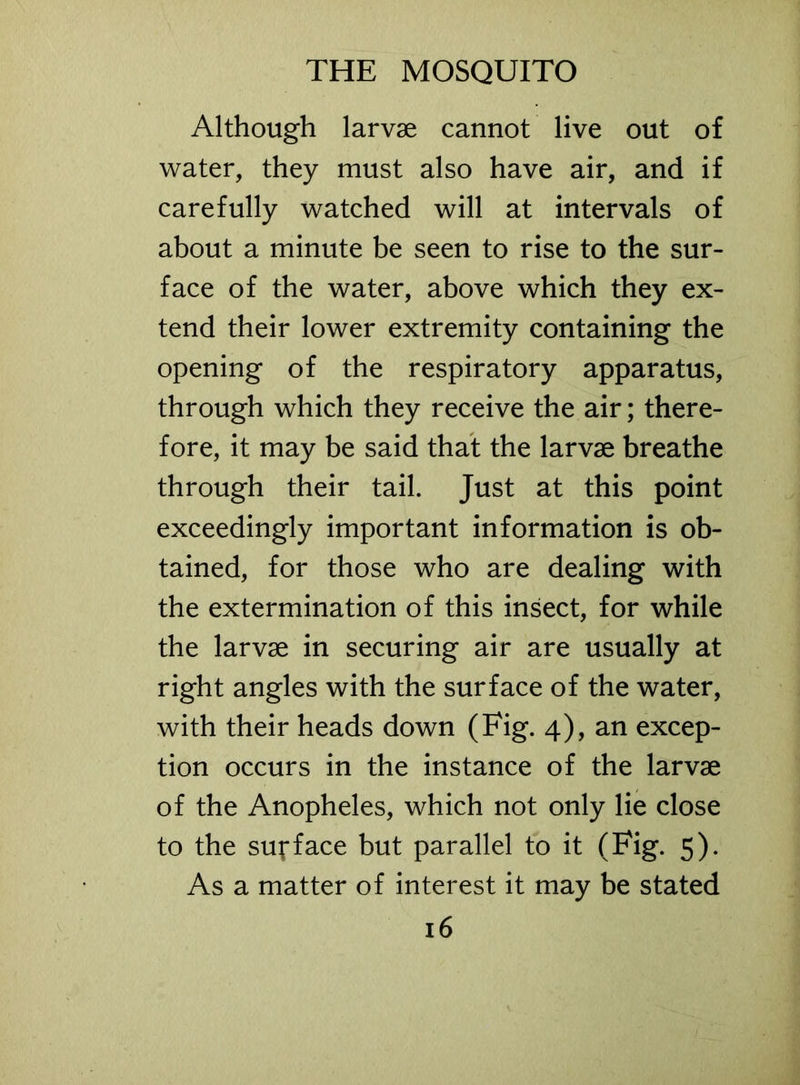 Although larvae cannot live out of water, they must also have air, and if carefully watched will at intervals of about a minute be seen to rise to the sur- face of the water, above which they ex- tend their lower extremity containing the opening of the respiratory apparatus, through which they receive the air; there- fore, it may be said that the larvae breathe through their tail. Just at this point exceedingly important information is ob- tained, for those who are dealing with the extermination of this insect, for while the larvae in securing air are usually at right angles with the surface of the water, with their heads down (Fig. 4), an excep- tion occurs in the instance of the larvae of the Anopheles, which not only lie close to the surface but parallel to it (Fig. 5). As a matter of interest it may be stated