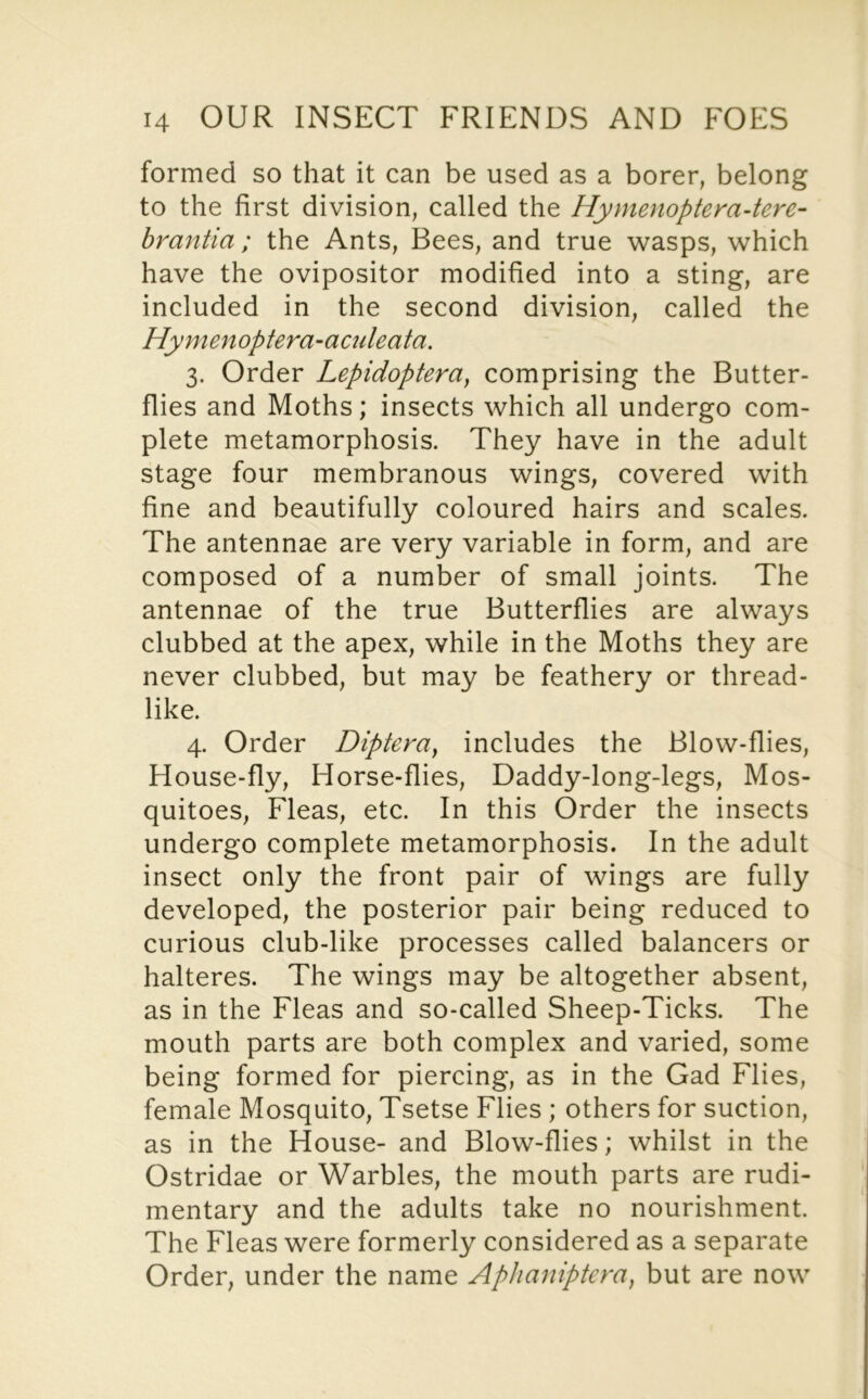 formed so that it can be used as a borer, belong to the first division, called the Hymenoptem~tere- hrantia; the Ants, Bees, and true wasps, which have the ovipositor modified into a sting, are included in the second division, called the Hymenoptera-aculeata. 3. Order Lepidoptera, comprising the Butter- flies and Moths; insects which all undergo com- plete metamorphosis. They have in the adult stage four membranous wings, covered with fine and beautifully coloured hairs and scales. The antennae are very variable in form, and are composed of a number of small joints. The antennae of the true Butterflies are always clubbed at the apex, while in the Moths they are never clubbed, but may be feathery or thread- like. 4. Order Diptera^ includes the Blow-flies, House-fly, Horse-flies, Daddy-long-legs, Mos- quitoes, Fleas, etc. In this Order the insects undergo complete metamorphosis. In the adult insect only the front pair of wings are fully developed, the posterior pair being reduced to curious club-like processes called balancers or halteres. The wings may be altogether absent, as in the Fleas and so-called Sheep-Ticks. The mouth parts are both complex and varied, some being formed for piercing, as in the Gad Flies, female Mosquito, Tsetse Flies; others for suction, as in the House- and Blow-flies; whilst in the Ostridae or Warbles, the mouth parts are rudi- mentary and the adults take no nourishment. The Fleas were formerly considered as a separate Order, under the name Aphaniptera, but are now