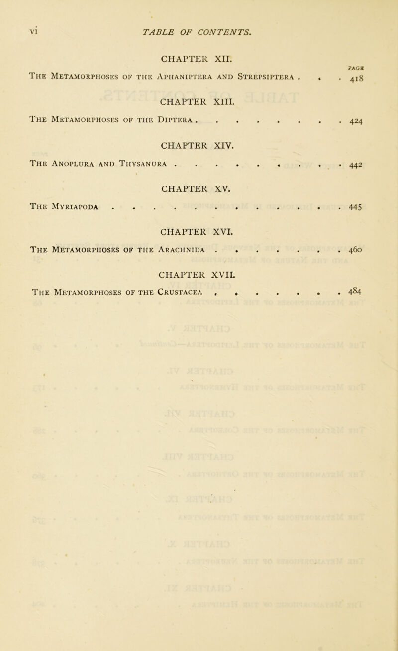 CHAPTER XII. ?AGH The Metamorphoses of the Aphaniptera and Strepsiptera , , -418 CHAPTER XIII. The Metamorphoses of the Diptera 424 CHAPTER XIV. The Anoplura and Thysanura 442 CHAPTER XV. The Myriapoda 445 CHAPTER XVI. The Metamorphoses of the Arachnida 460 CHAPTER XVII. The Metamorphoses of the Crustacea 484