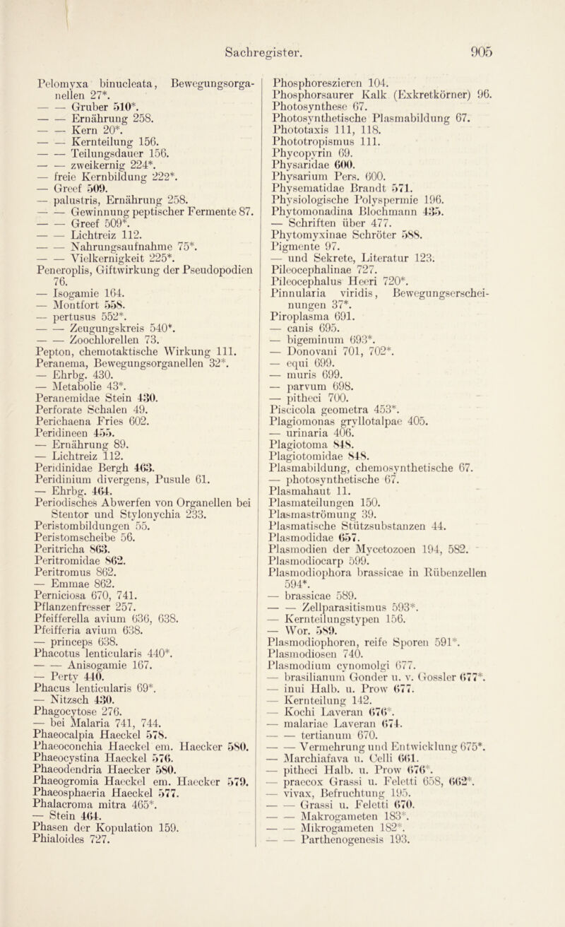 Pelomyxa binucleata, Bewegungsorga- neilen 27*. Gruber 510*. Ernährung 258. Kern 20*. — — Kernteilung 156. Teilungsdauer 156. — — zweikernig 224*. — freie Kernbildung 222*. — Greef 500. — palustris, Ernährung 258. Gewinnung peptischer Fermente 87. Greef 509*. Lichtreiz 112. Nahrungsaufnahme 75*. Vielkernigkeit 225*. Peneroplis, Giftwirkung der Pseudopodien 76. — Isogamie 164. — Montfort 558. — pertusus 552*. Zeugungskreis 540*. Zoochlorellen 73. Pepton, chemotaktische Wirkung 111. Peranerna, Bewegungsorganellen 32*. — Ehrbg. 430. — jMetabolie 43*. Peranemidae Stein 430. Perforate Schalen 49. Perichaena Fries 602. Peridineen 457). — Ernährung 89. — Lichtreiz 112. Peridinidae Bergh 46»k Peridinium divergens, Pusule 61. — Ehrbg. 464. Periodisches Ab werfen von Organ eilen bei Stentor und Stylonychia 233. Peristombildungen 55. Peristomscheibe 56. Peritricha 86^5. Peritromidae 862. Peritromus 862. — Emmae 862. Perniciosa 670, 741. Pflanzenfresser 257. Pfeifferella avium 636, 638. Pfeifferia avium 638. — princeps 638. Phacotus lenticularis 440*. Anisogamie 167. — Perty 440. Phacus lenticularis 69*. — Nitzsch 430. Phagocytose 276. — bei Malaria 741, 744. Phaeocalpia Haeckel 578. Phaeoconchia Haeckel ein. Haecker 580. Phaeocystina Haeckel 576. Phaeodendria Haecker 580. Phaeogromia Haeckel em. Haecker 579. Phaeosphaeria Haeckel 577. Phalacroma mitra 465*. — Stein 464. Phasen der Kopulation 159. Phialoides 727. Phosphoreszieren 104. Phosphorsaurer Kalk (Exkretkörner) 96. Photosynthesc 67. Photosynthetische Plasmabildung 67. Phototaxis 111, 118. Phototropismus 111. Phyeopyrin 69. Physaridae 6(M). Physarium Pers. 600. I^hysematidae Brandt 571. Physiologische Polyspermie 196. Phytomonadina Blochmann 435. — Schriften über 477. Phytomyxinae Schröter 7>88. Pigmente 97. — und Sekrete, Literatur 123. Pileocephalinae 727. Pileocephalus Heeri 720*. Pinnularia viridis, Bew’egungserschei- nungen 37*. Piroplasma 691. — canis 695. — bigeminum 693*. — Donovani 701, 702*. — equi 699. — muris 699. — jiarvum 698. — })itheci 700. Piscicola geometra 453*. Plagiomonas gryllotalpae 405. — urinaria 406. Plagiotoma 848. Plagiotomidae 848. Plasmabildung, chemosynthetische 67. — j)hotosynthetische 67. Plasmahaut 11. Plasmateilungen 150. Plasmaströmung 39. Plasmatische Stützsubstanzen 44. Plasmodidae 657. Idasmodien der Mycetozoen 194, 582. Plasmodiocarp 599. Plasrnodiophora brassicae in Pübenzellen 594*. — brassicae 589. — — Zellparasitismus 593*. — Kernteilungstypen 156. — Wor. 589. Plasmodiophoren, reife Sporen 591*. Plasmodiosen 740. Plasmodium cynomolgi 677. — brasilianuni Gonder u. v. Gossler 677*. — inui Halb. u. Prow 677. — Kernteilung 142. — Kochi l^averan 676*. — malariae I^averan 674. tertianum 670. Vermehrung und Entwicklung 675*. — IMarchiafava u. Celli 661. — pitheci Halb. u. Prow 676*. — praecox Grassi u. Feletti 658, 662*. — vivax, l^efruchtung 195. Grassi u. Feletti 670. jMakrogameten 183*. Mikrogameten 182*. Parthenogenesis 193.