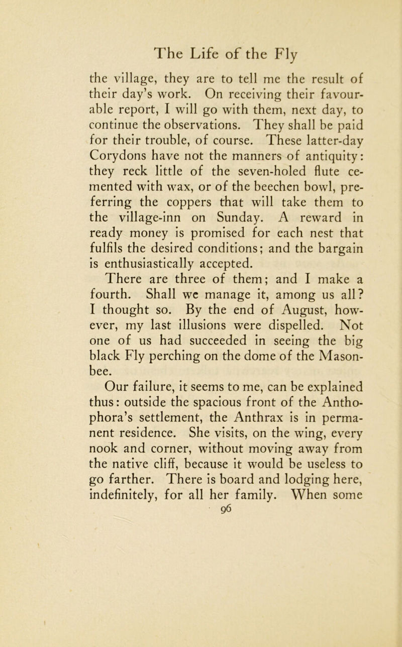 the village, they are to tell me the resuit of their day’s work. On receiving their favour- able report, I will go with them, next day, to continue the observations. They shall be paid for their trouble, of course. These latter-day Corydons hâve not the manners of antiquity: they reck little of the seven-holed flûte ce- mented with wax, or of the beechen bowl, pre- ferring the coppers that will take them to the village-inn on Sunday. A reward in ready money is promised for each nest that fulfils the desired conditions; and the bargain is enthusiastically accepted. There are three of them; and I make a fourth. Shall wc manage it, among us ail? I thought so. By the end of August, how- ever, my last illusions were dispelled. Not one of us had succeeded in seeing the big black Fly perching on the dôme of the Mason- bee. Our failure, it seems to me, can be explained thus : outside the spacious front of the Antho- phora’s settlement, the Anthrax is in perma- nent résidence. She visits, on the wing, every nook and corner, without moving away from the native cliff, because it would be useless to go farther. There is board and lodging here, indefinitely, for ail her family. When some
