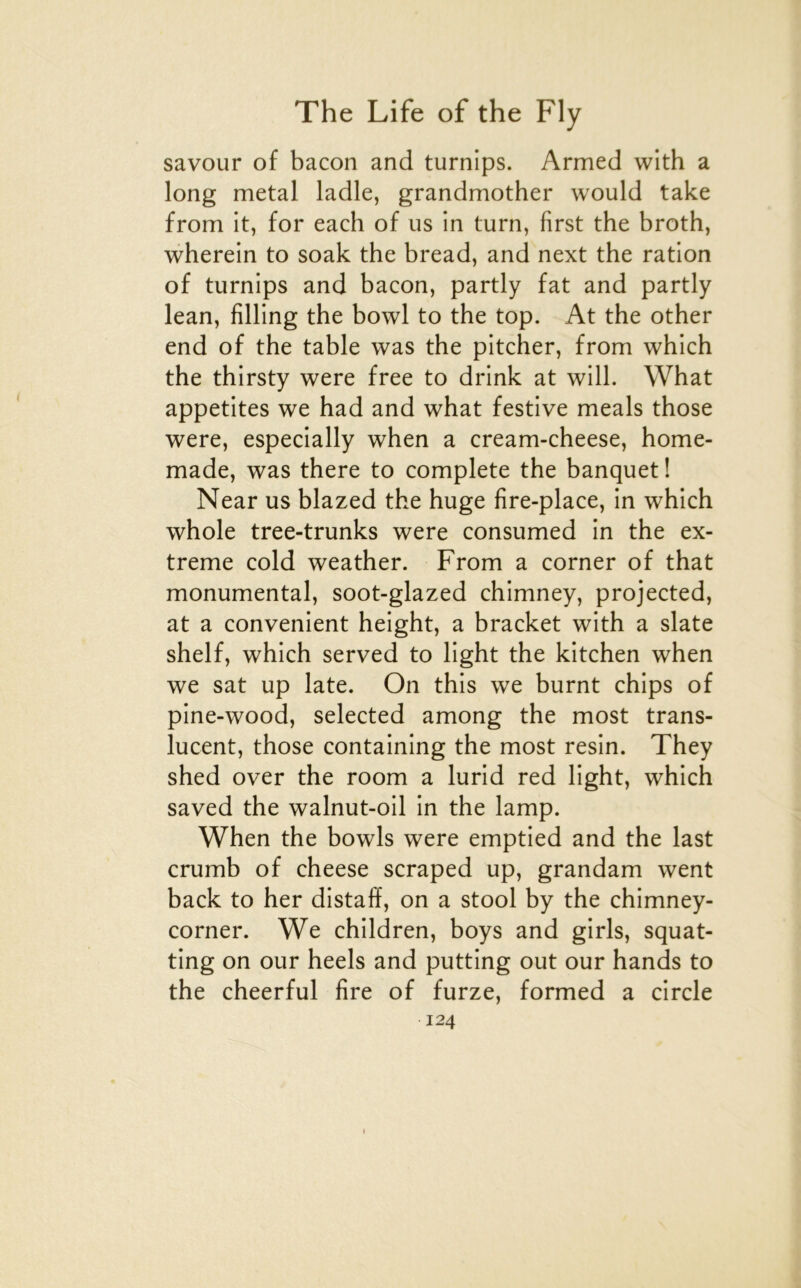 savour of bacon and turnips. Armed wlth a long métal ladle, grandmother would take from it, for each of us in turn, first the broth, wherein to soak the bread, and next the ration of turnips and bacon, partly fat and partly lean, fîlling the bowl to the top. At the other end of the table was the pitcher, from which the thirsty were free to drink at will. What appetites we had and what festive meals those were, especially when a cream-cheese, home- made, was there to complété the banquet ! Near us blazed the huge fire-place, in which whole tree-trunks were consumed in the ex- trême cold weather. From a corner of that monumental, soot-glazed chimney, projected, at a convenient height, a bracket with a slate shelf, which served to light the kitchen when we sat up late. On this we burnt chips of pine-wood, selected among the most trans- lucent, those containing the most resin. They shed over the room a lurid red light, which saved the walnut-oil in the lamp. When the bowls were emptied and the last crumb of cheese scraped up, grandam went back to her distaff, on a stool by the chimney- corner. We children, boys and girls, squat- ting on our heels and putting out our hands to the cheerful fire of furze, formed a circle