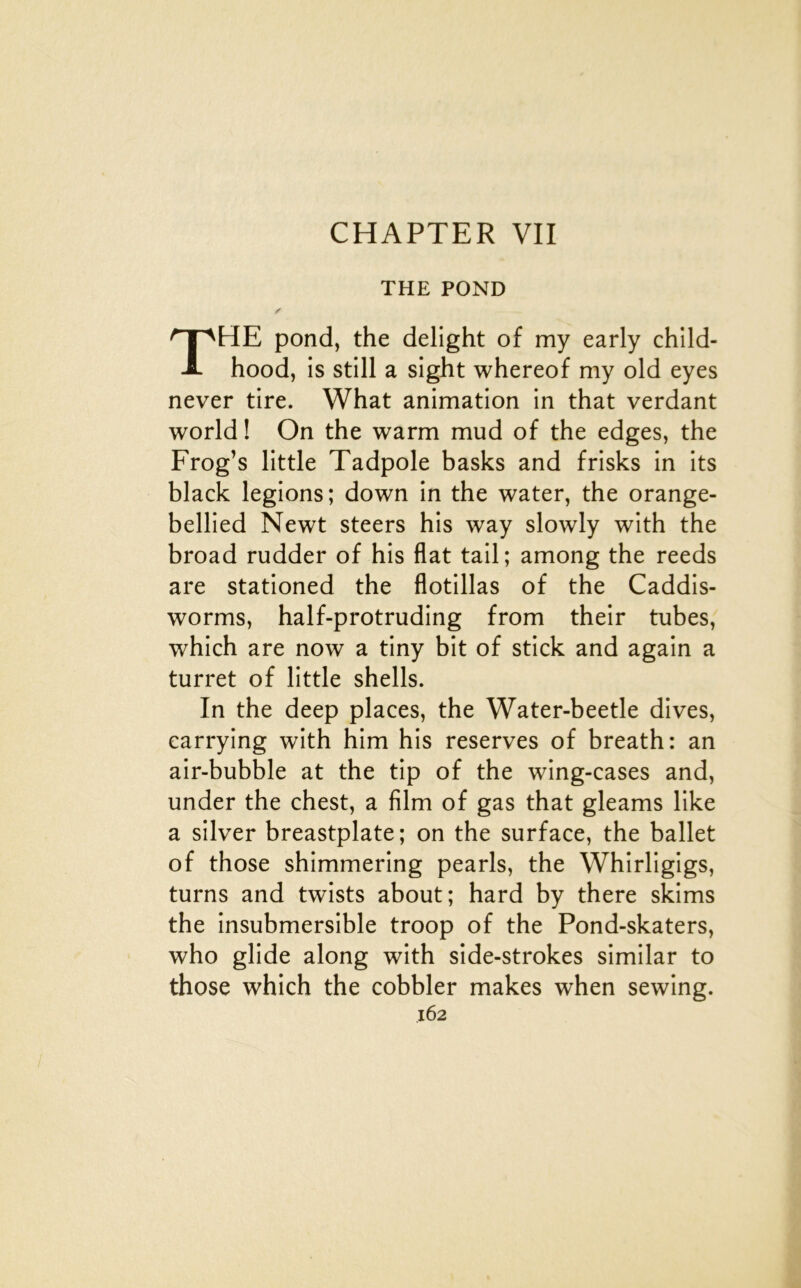 CHAPTER VII THE POND The pond, the delight of my early child- hood, is still a sight whereof my old eyes never tire. What animation in that verdant World ! On the warm mud of the edges, the Frog’s little Tadpole basks and frisks in its black légions; down in the water, the orange- bellied Newt steers his way slowly with the broad rudder of his flat tail; among the reeds are stationed the flotillas of the Caddis- worms, half-protruding from their tubes, which are now a tiny bit of stick and again a turret of little shells. In the deep places, the Water-beetle dives, carrying with him his reserves of breath: an air-bubble at the tip of the wing-cases and, under the chest, a film of gas that gleams like a silver breastplate; on the surface, the ballet of those shimmering pearls, the Whirligigs, turns and twists about; hard by there skims the insubmersible troop of the Pond-skaters, who glide along with side-strokes similar to those which the cobbler makes when sewing.